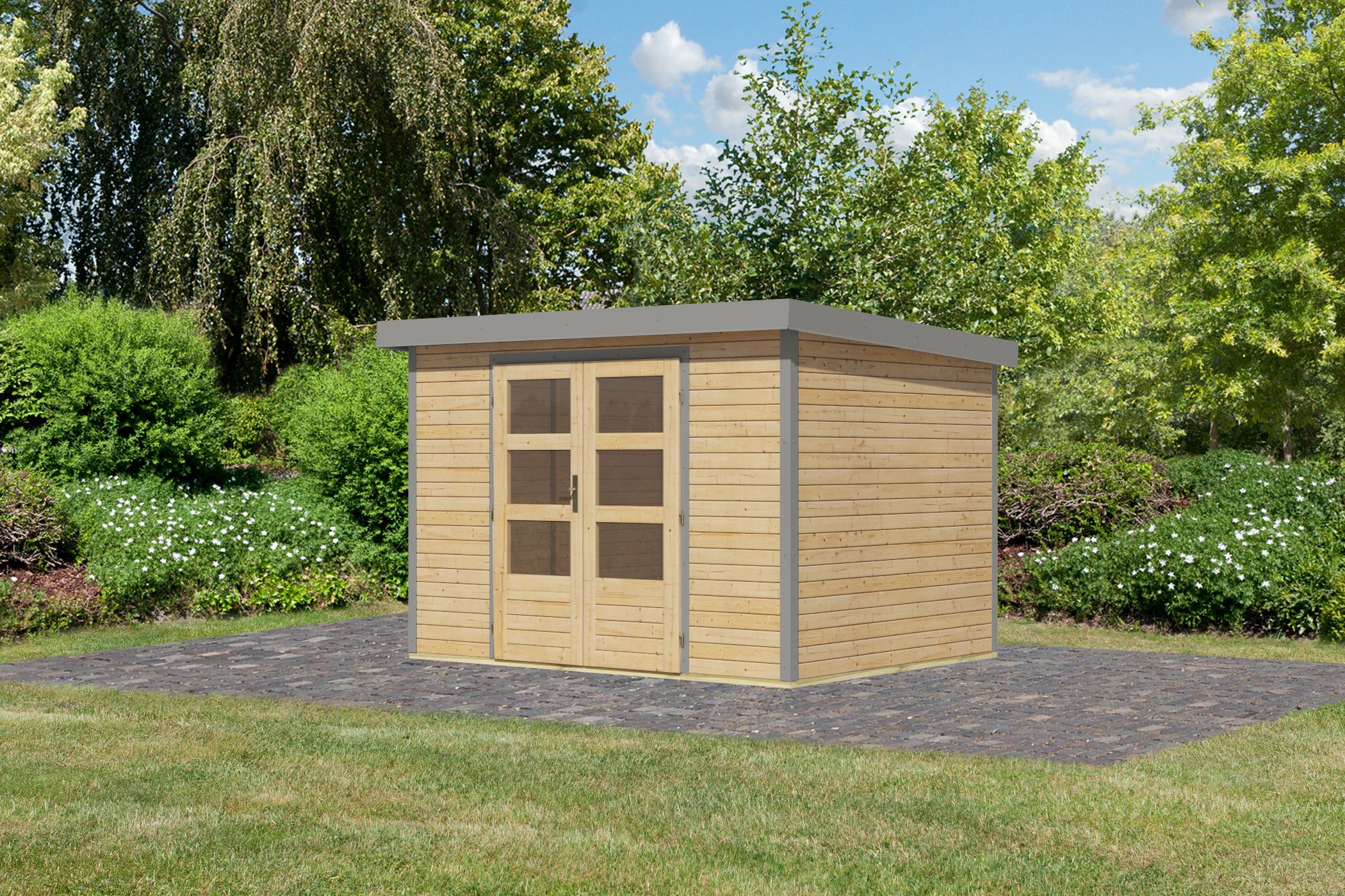 Karibu Gartenhaus Holz & Metall Jupiter 4 in Naturbelassen mit Metall in Graualuminium, Außenansicht