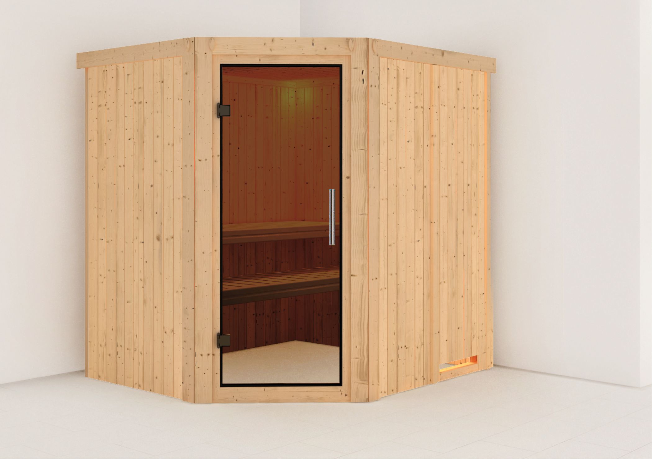 Außenansicht der Karibu Sauna Lilja aus nordischer Fichte mit graphitfarbener Ganzglastür und Fronteinstieg