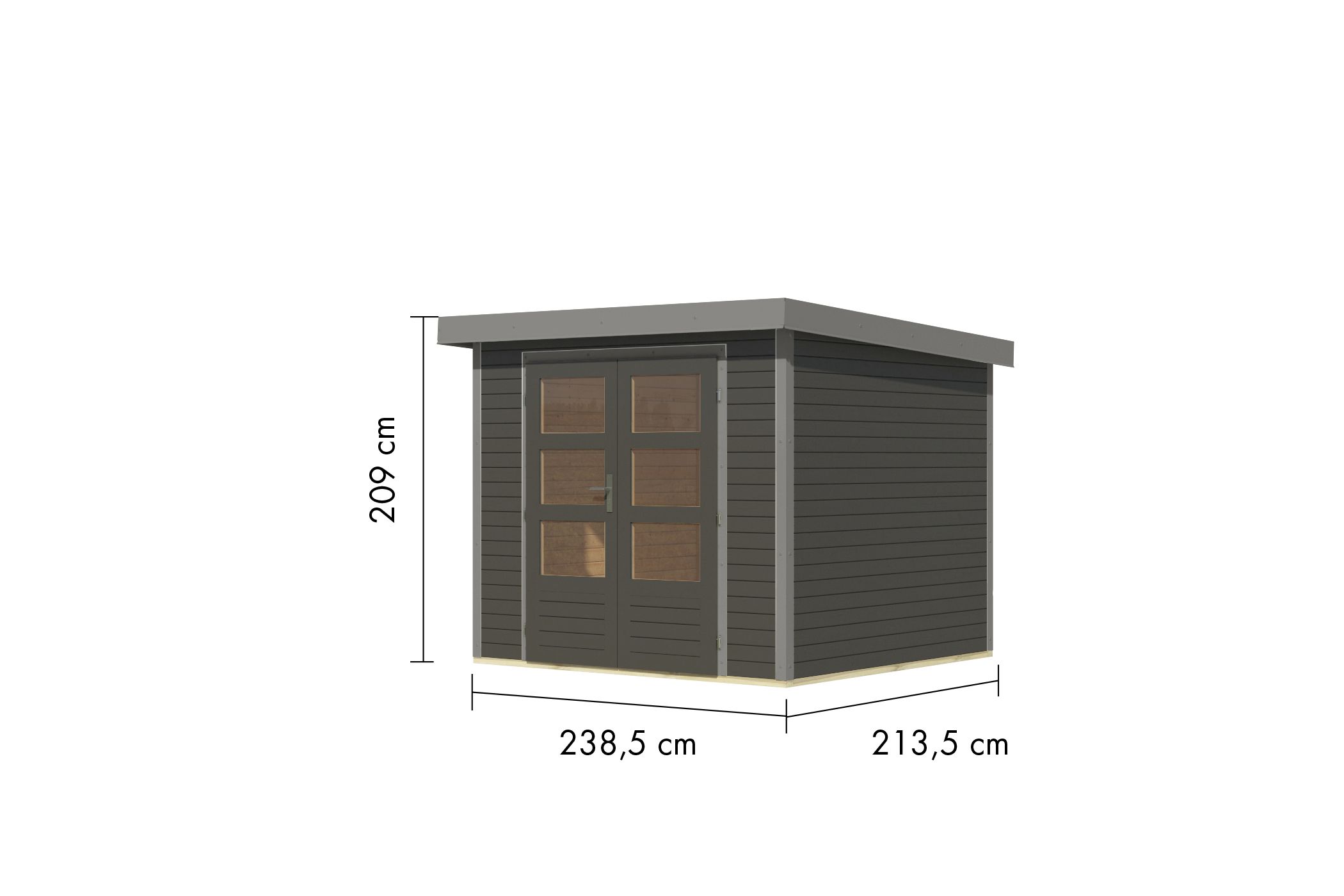 Bemaßte Maßzeichnung des Karibu Gartenhaus Holz & Metall Jupiter 3, 239 × 214 cm