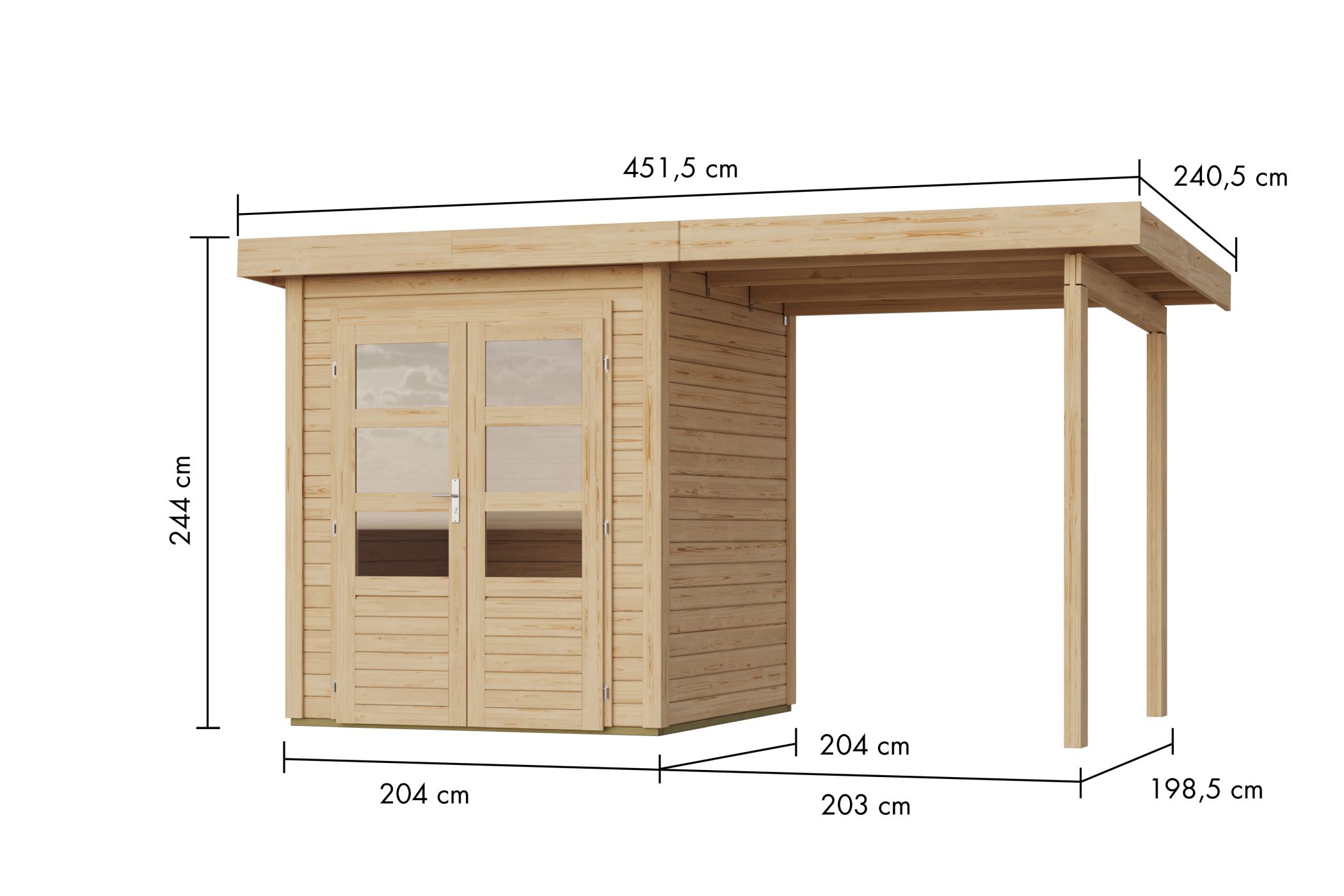 Bemaßte Maßzeichnung des Karibu Gartenhaus Kolbin 1 XXL, 452 × 241 cm
