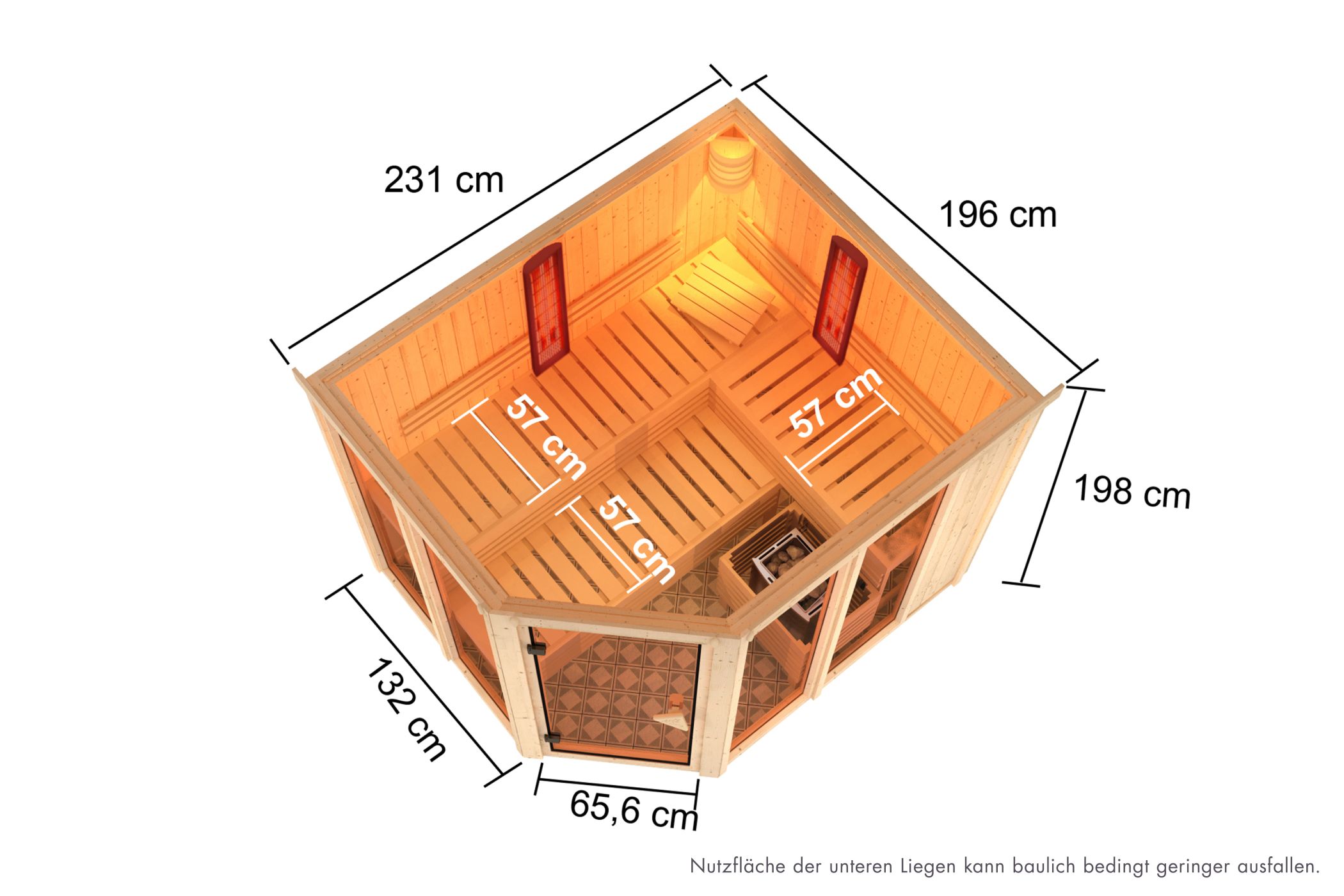 Maßzeichnung der Karibu Sauna Ava mit Außenmaß 231 × 196 cm und Höhe 198 cm