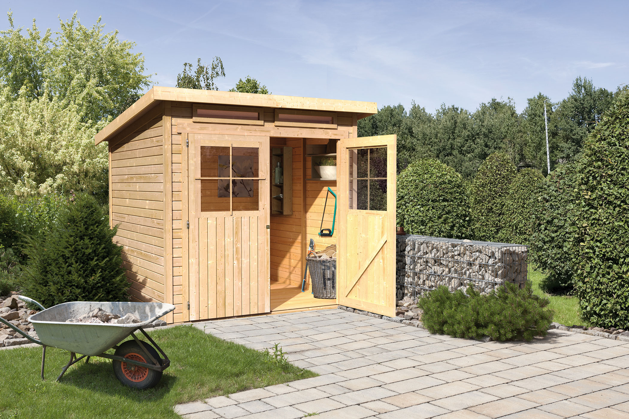 Karibu Gerätehaus Glücksburg 3 in Naturbelassen im Garten