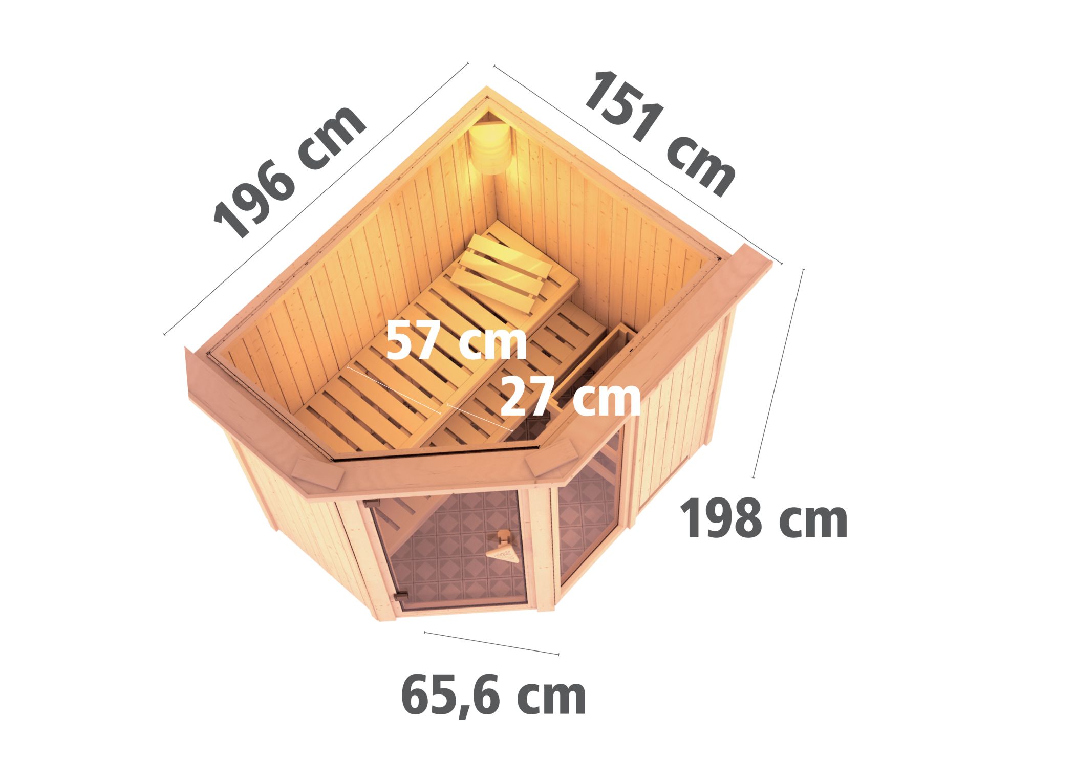 Maßzeichnung der Karibu Sauna Fiona 1 mit Außenmaß 196 × 151 cm und Höhe 198 cm