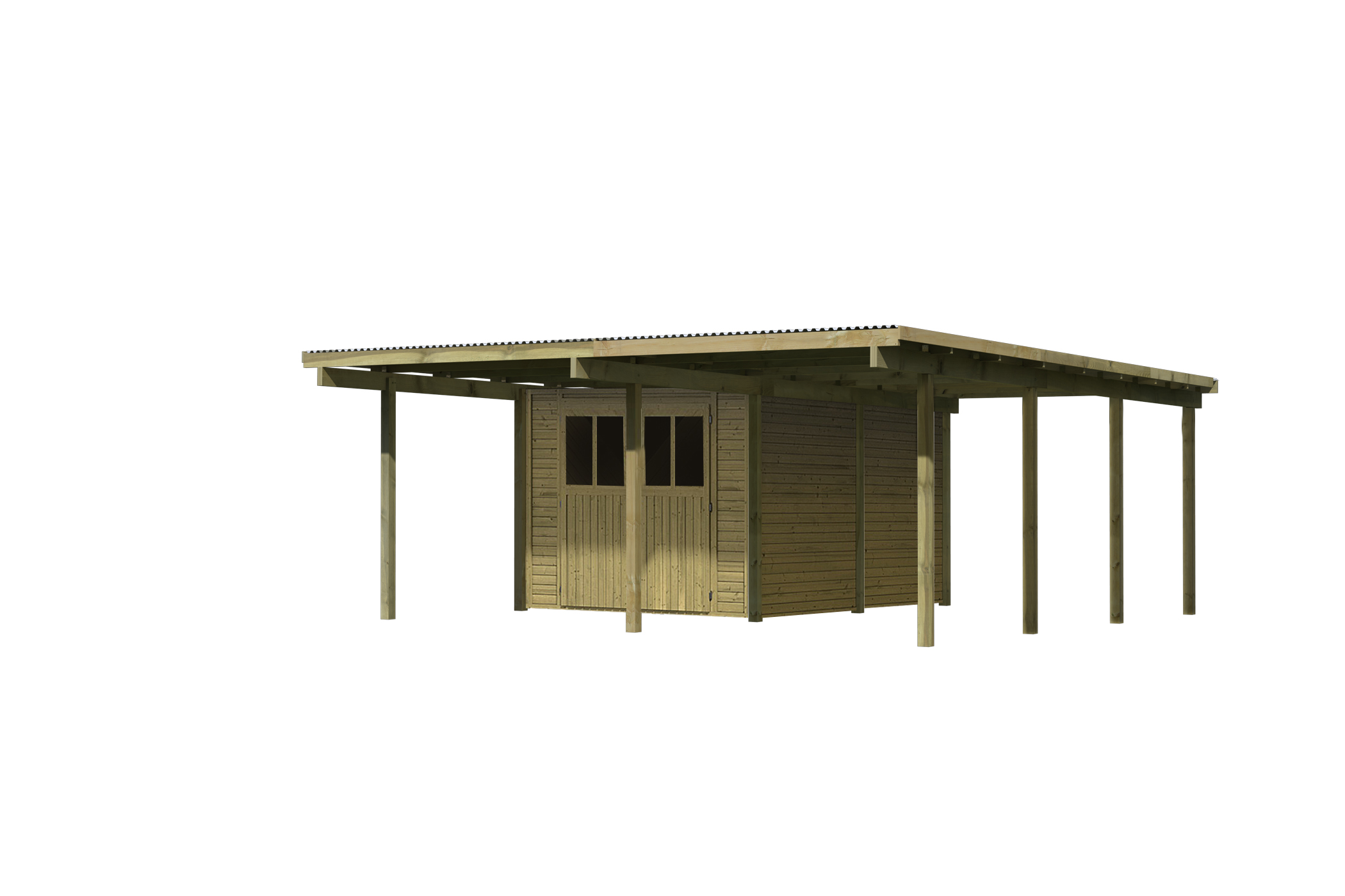 Freistellende Außenansicht des Karibu Doppelcarport BASIC 2 mit Abstellraum aus KDI-Massivholz