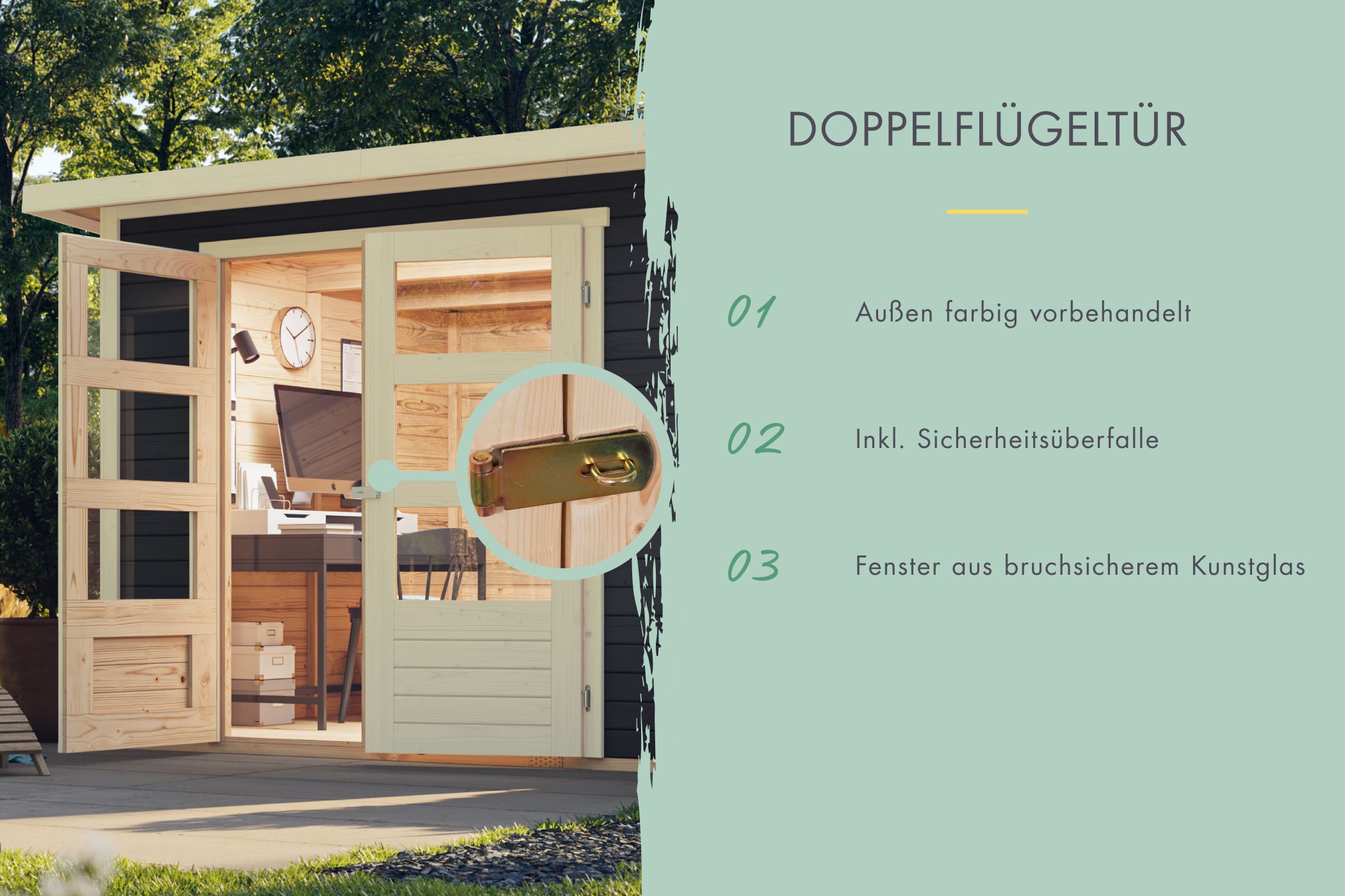 Doppelflügeltür des Karibu Gerätehaus Askola 3 mit Zylinderschloss und Kunstglas