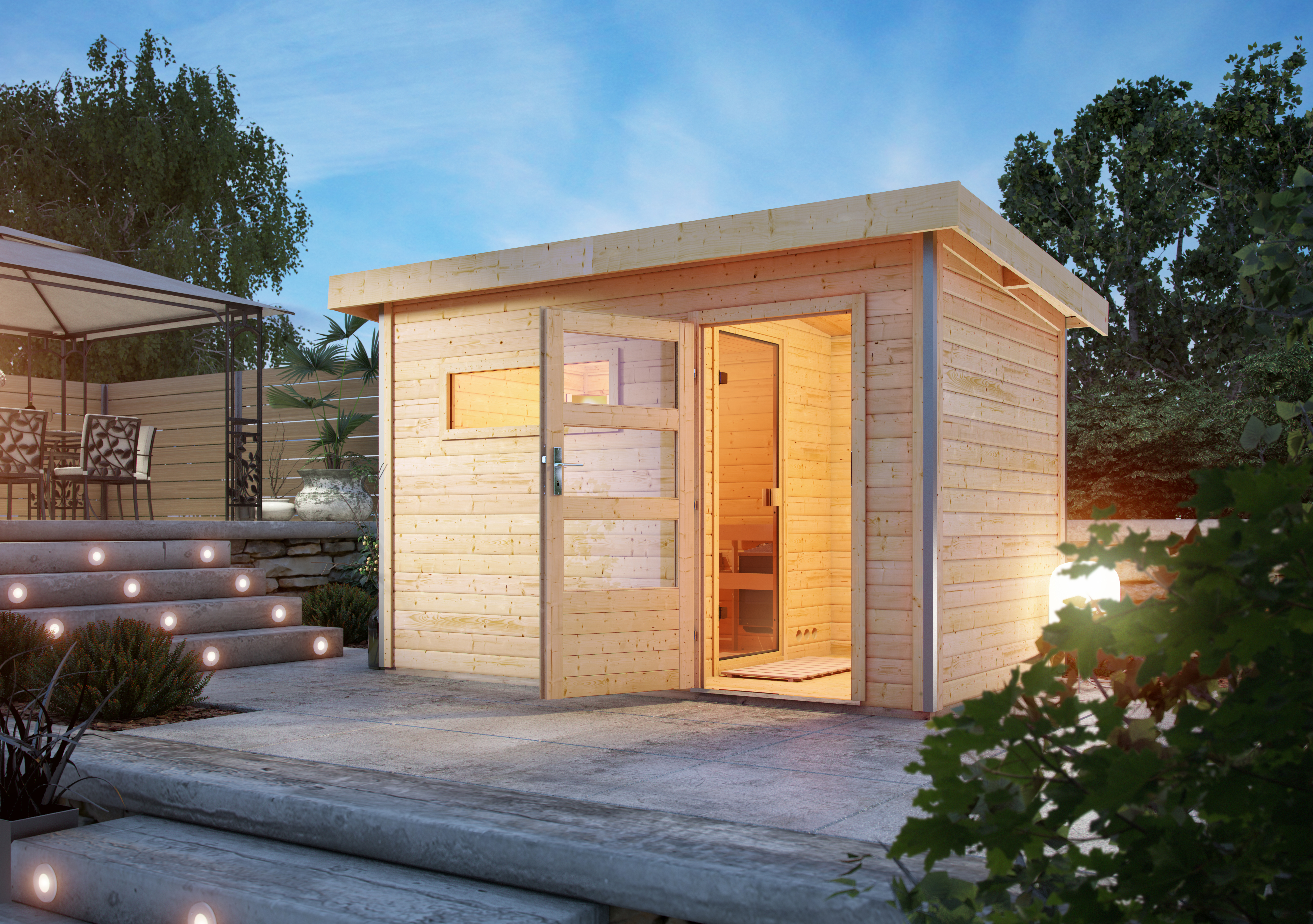 Detailansicht einer Karibu Sauna aus nordischer Fichte