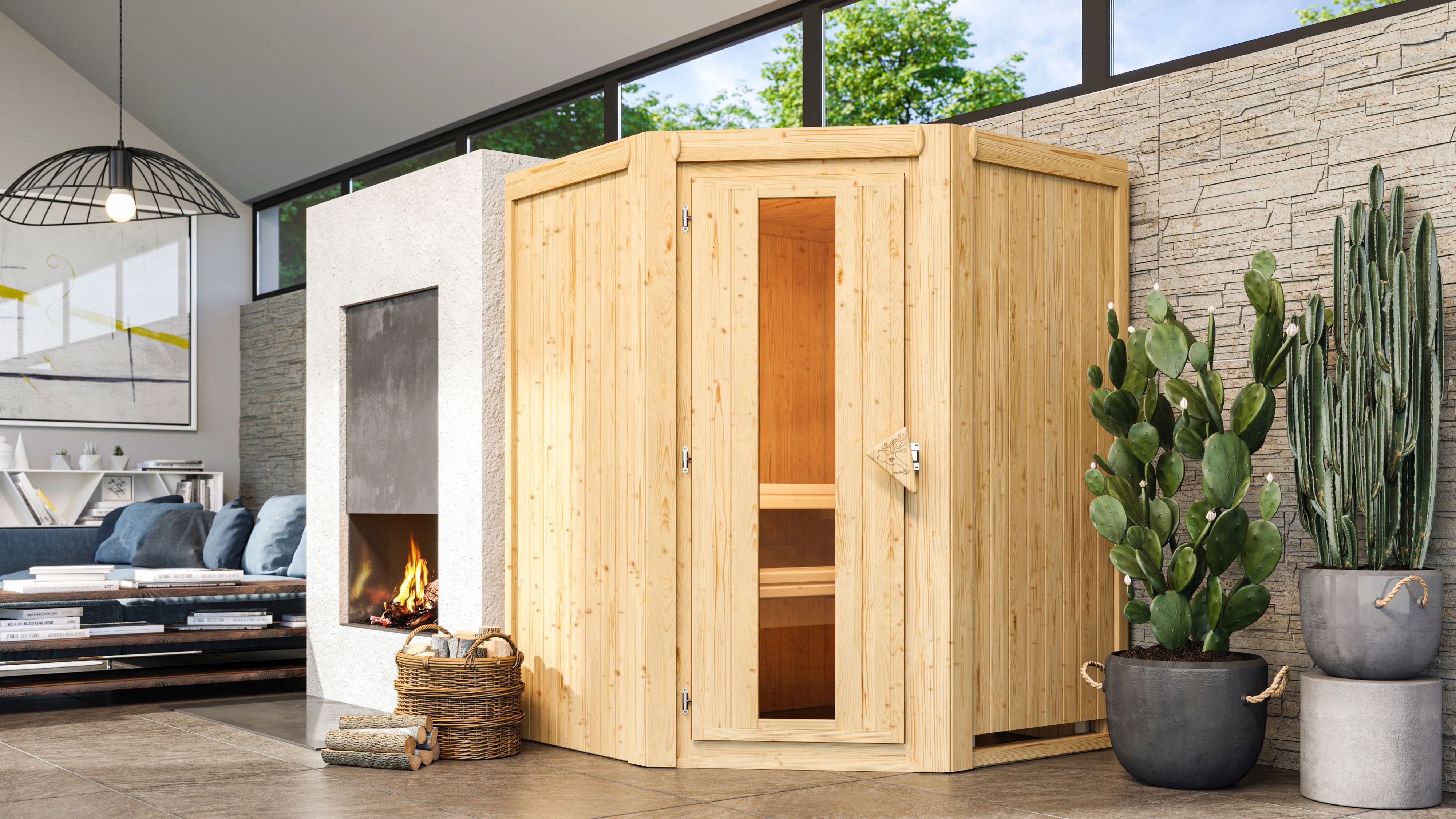Karibu Sauna Larin als hochwertige Sauna aus nordischer Fichte im Wohnraum-Ambiente