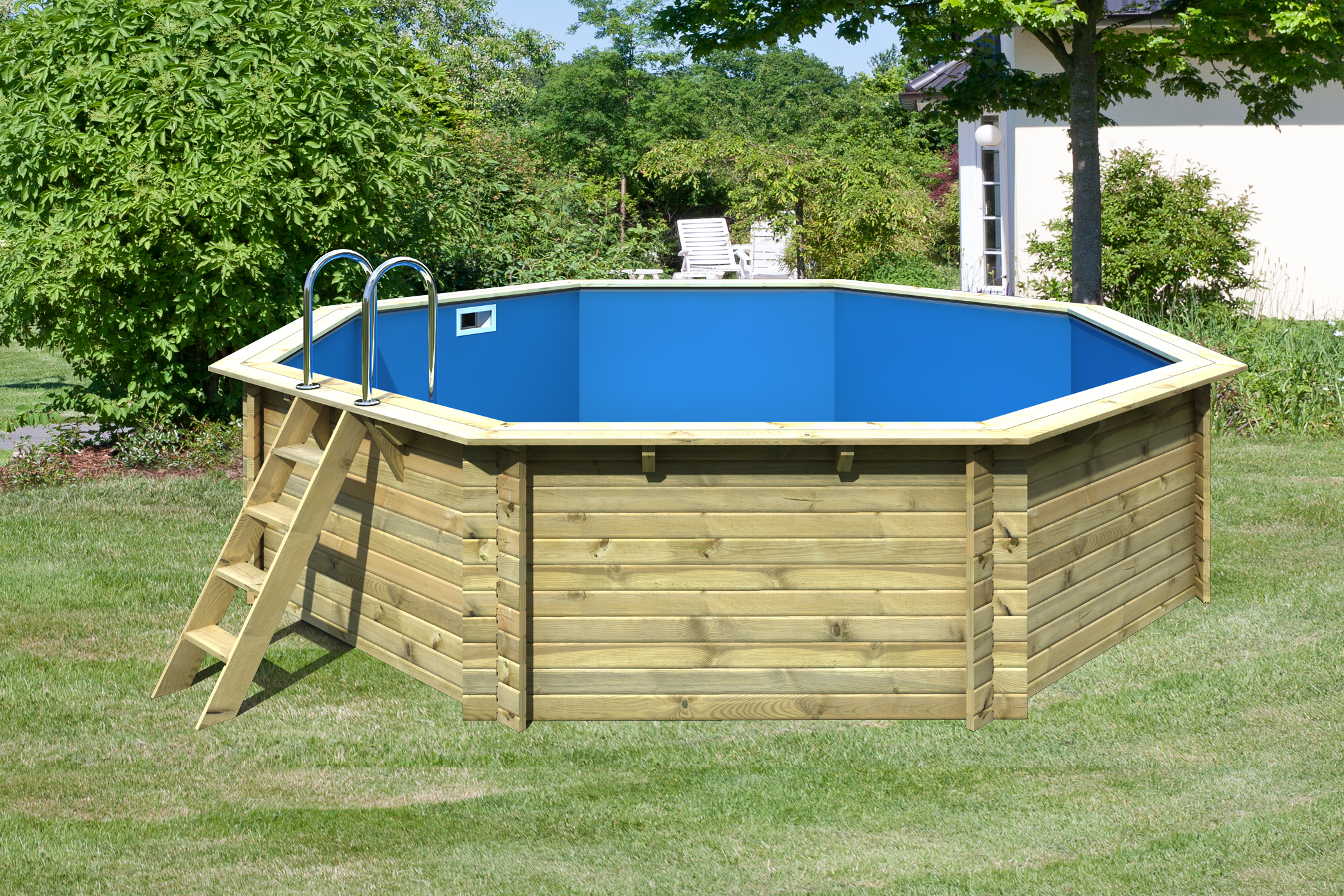 Ausstattungsübersicht des Karibu Pool Modell 3 in 38-mm-Blockbohlenbauweise mit Doppelflügeltür und Massivholzdach