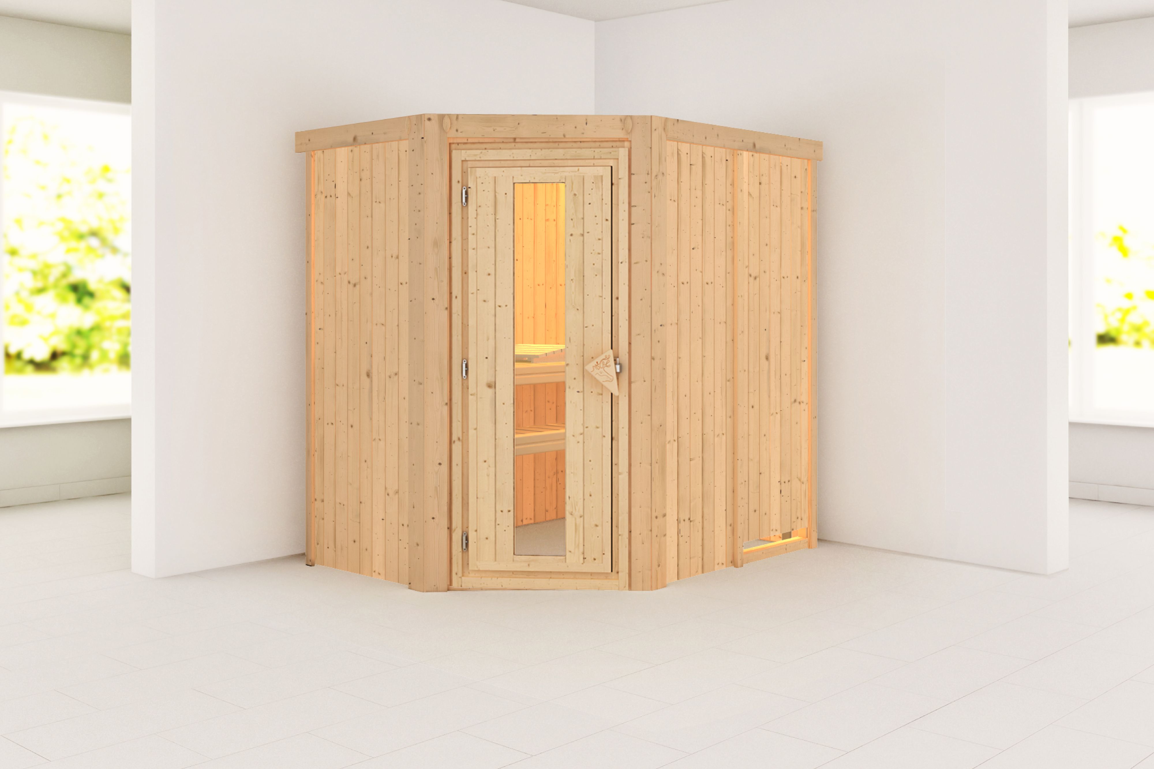 Außenansicht der Karibu Sauna Carin aus nordischer Fichte mit isolierter Holztür und Fronteinstieg
