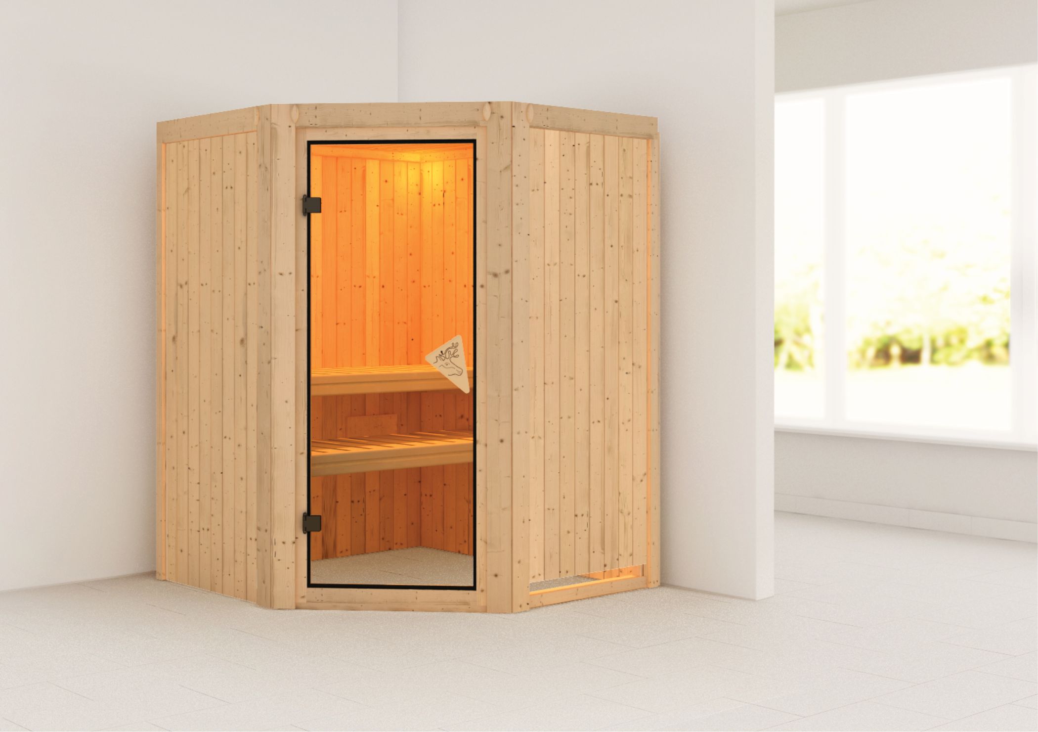 Außenansicht der Karibu Sauna Nanja aus nordischer Fichte mit bronzierter Ganzglastür und Fronteinstieg
