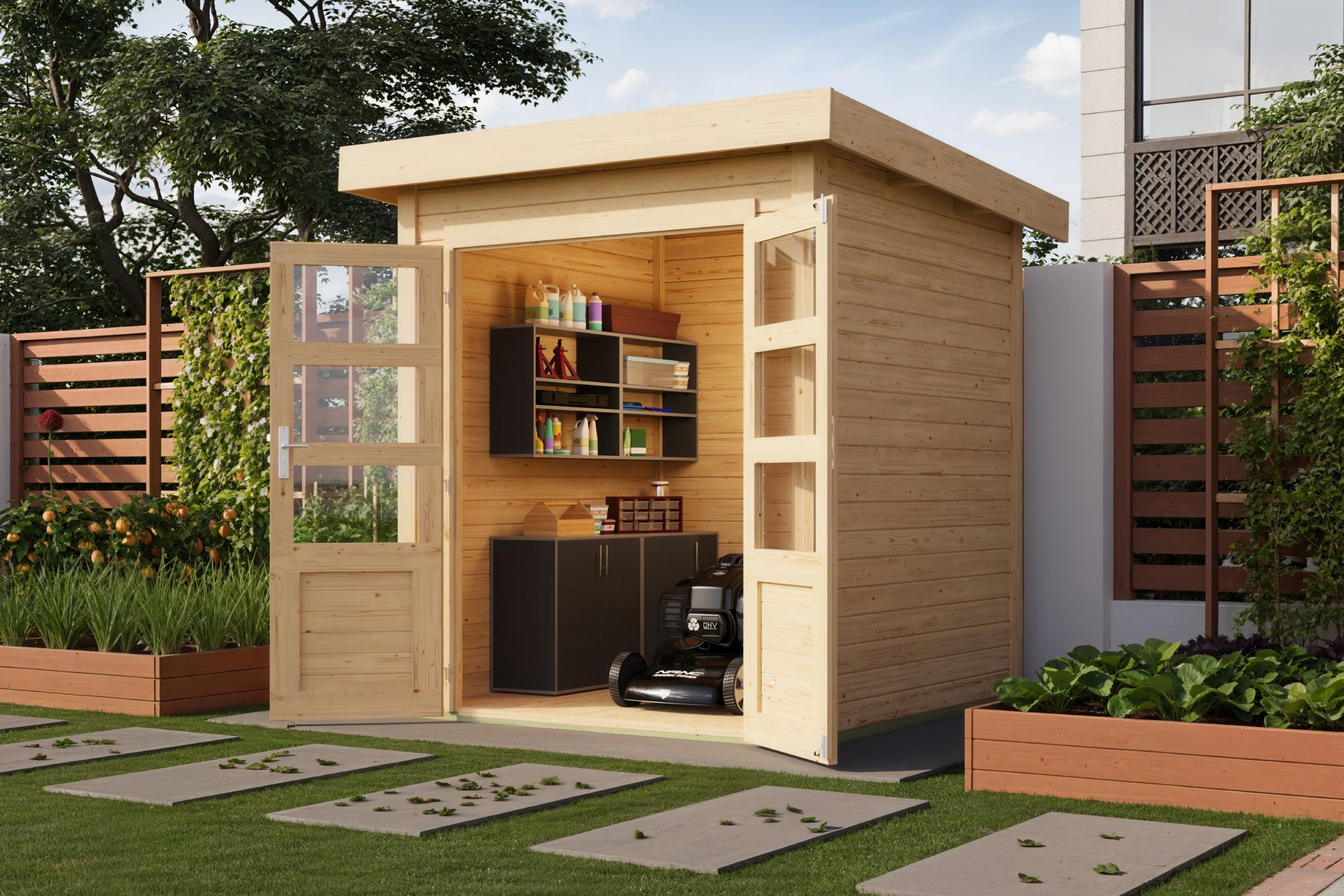Karibu Gartenhaus Kolbin 1 XXL (Extra hohe Tür) in Naturbelassen im Garten