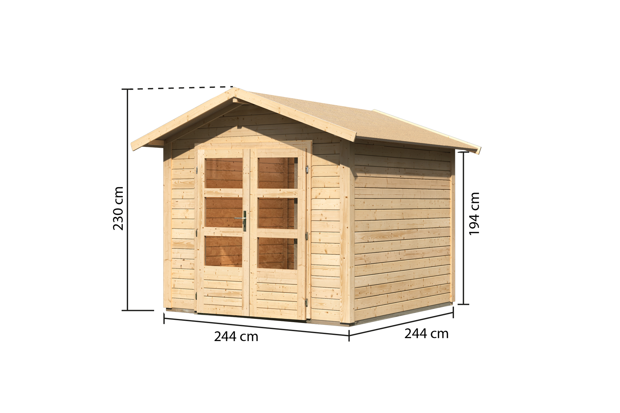 Bemaßte Maßzeichnung des Karibu Gartenhaus Talkau 4, 244 × 244 cm