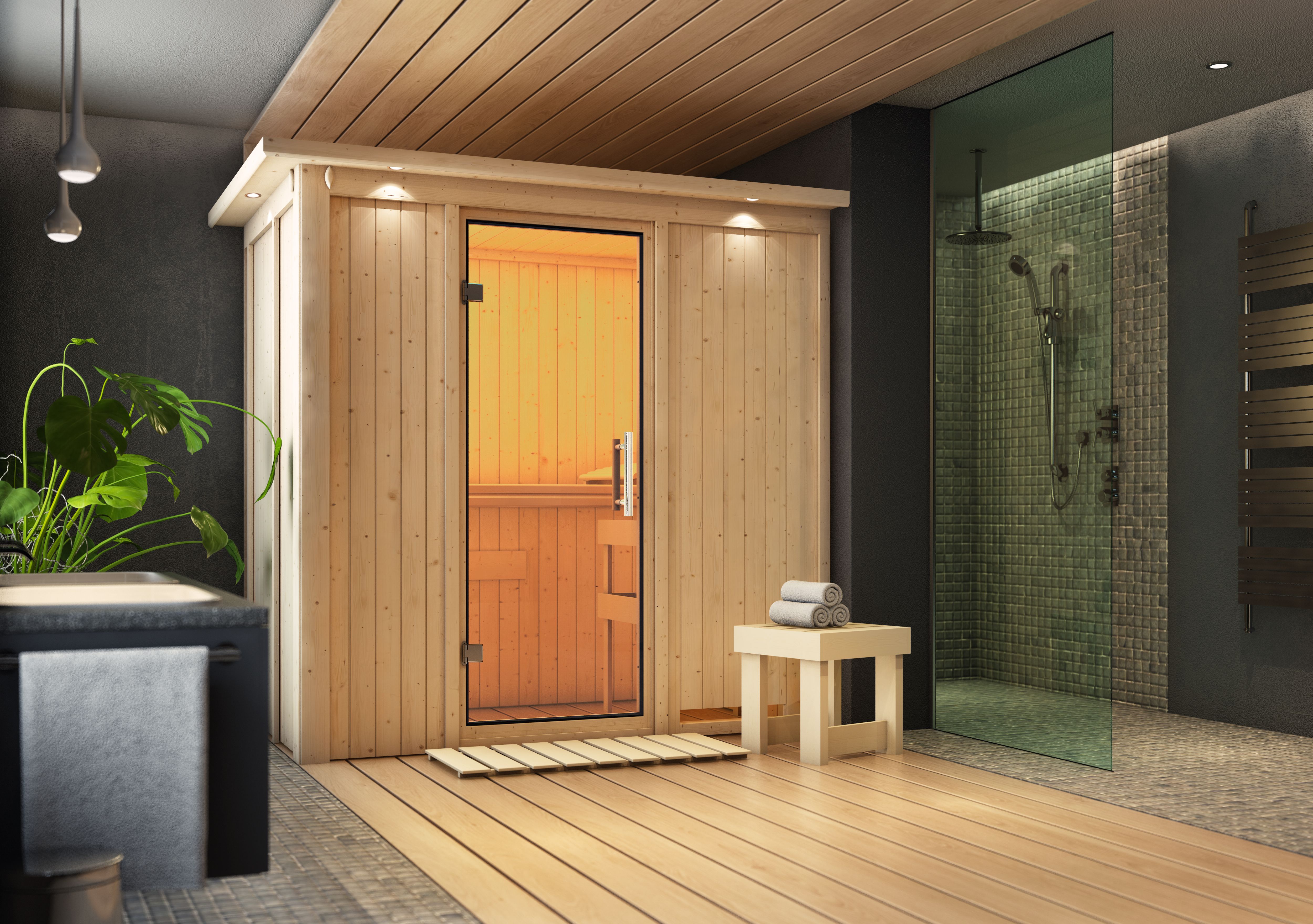 Karibu Sauna Variado als stimmungsvoller Wellnessbereich in einem modern eingerichteten Wohnraum