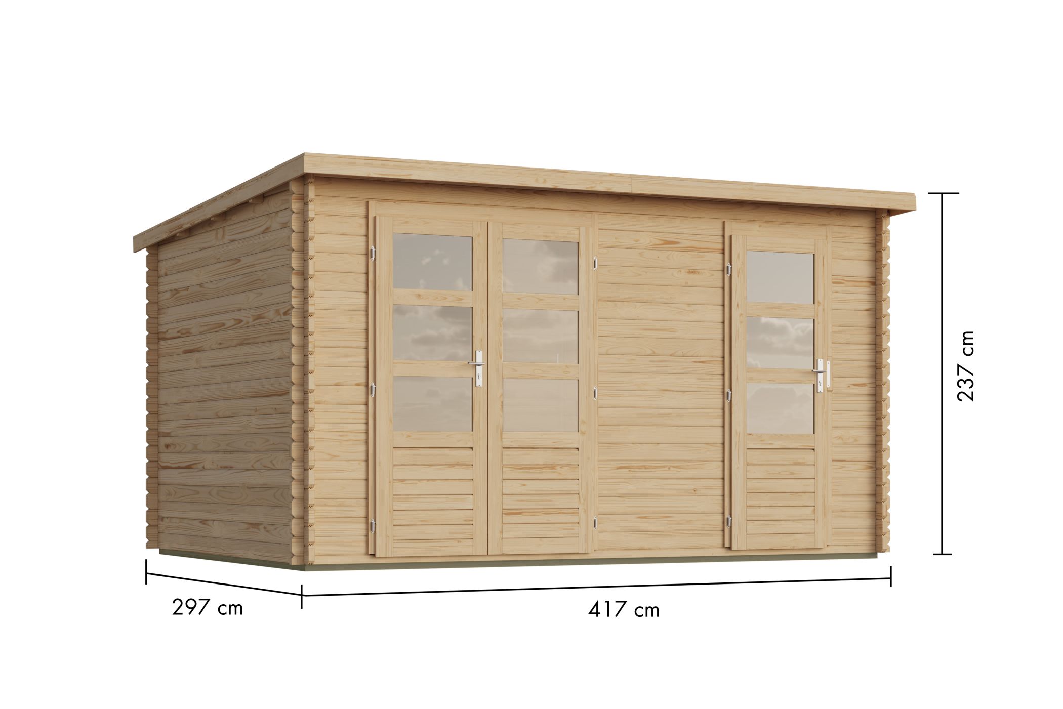 Maßzeichnung des Karibu Gartenhaus mit Bemaßung von Grundfläche und Höhe
