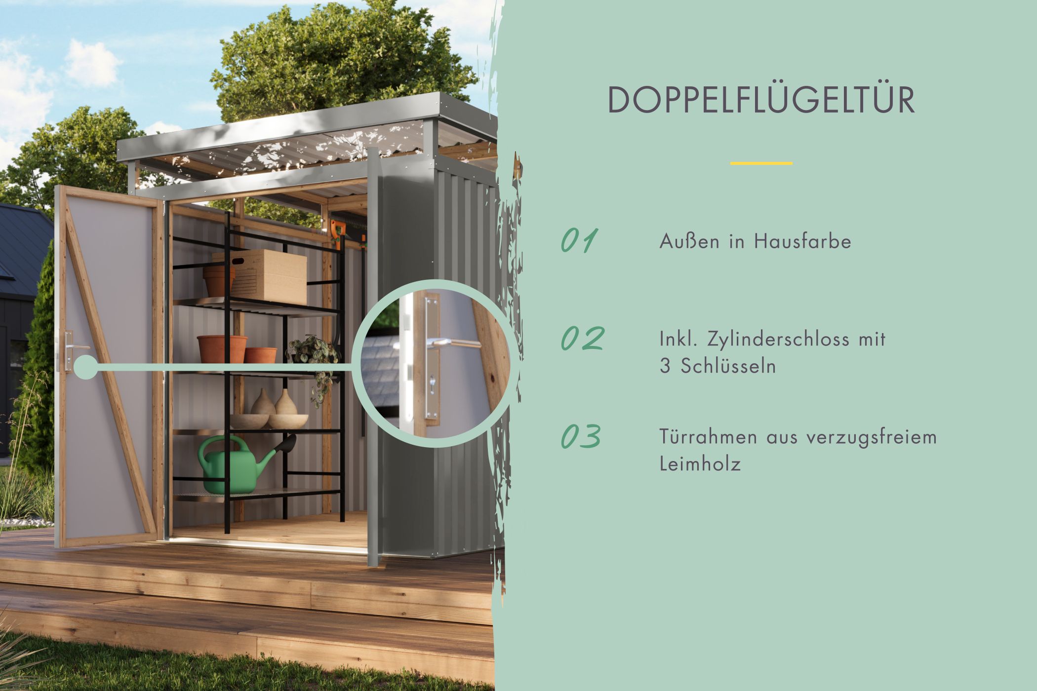 Doppelflügeltür des Karibu Gerätehaus aus Metall Aurum 2,5 mit Zylinderschloss und Kunstglas