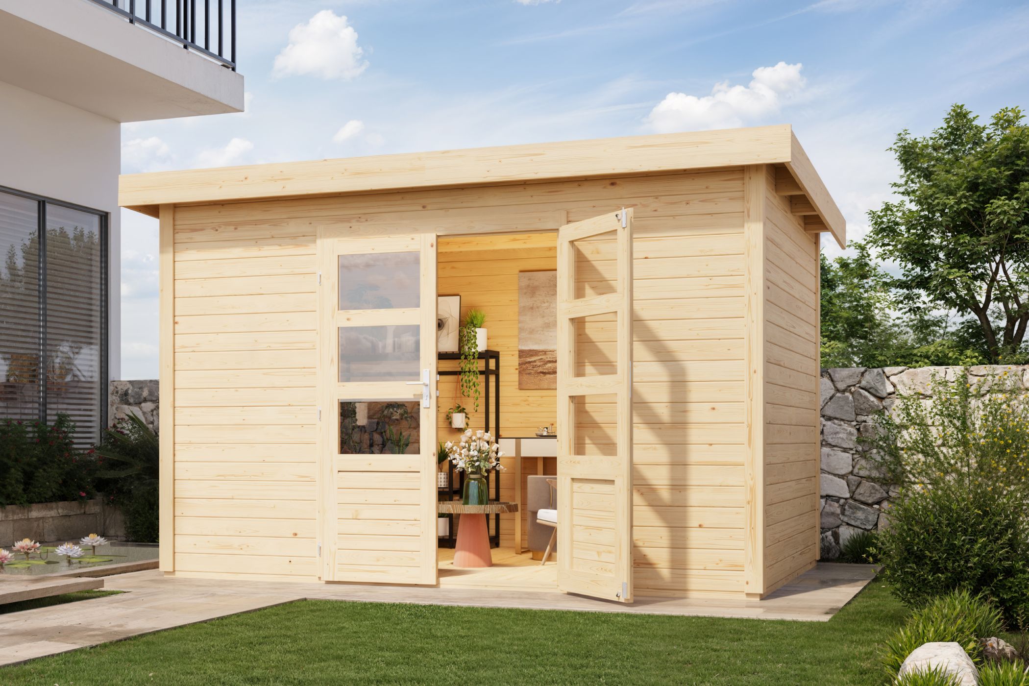 Karibu Gartenhaus Kolbin 7 XXL (Extra hohe Tür) in Naturbelassen im Garten