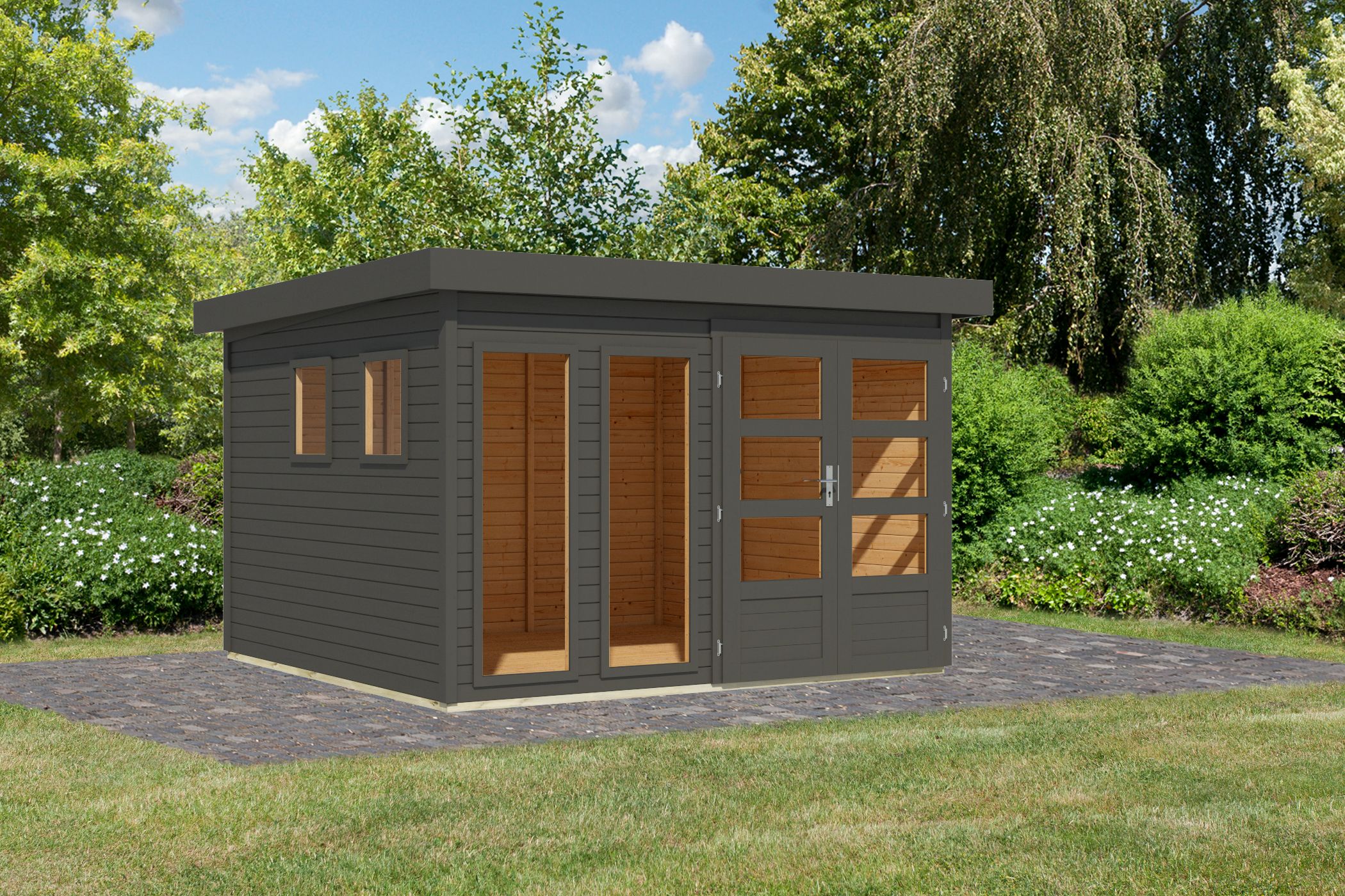 Karibu großes Gerätehaus Lahar 6 in Terragrau komplett, Außenansicht