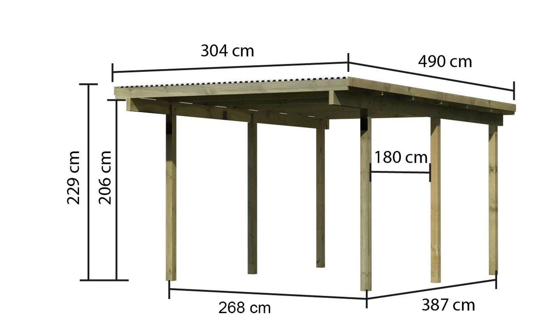 Maßzeichnung des Karibu Einzelcarport BASIC 1 mit Dachmaß 304 × 490 cm und Durchfahrtshöhe 206 cm