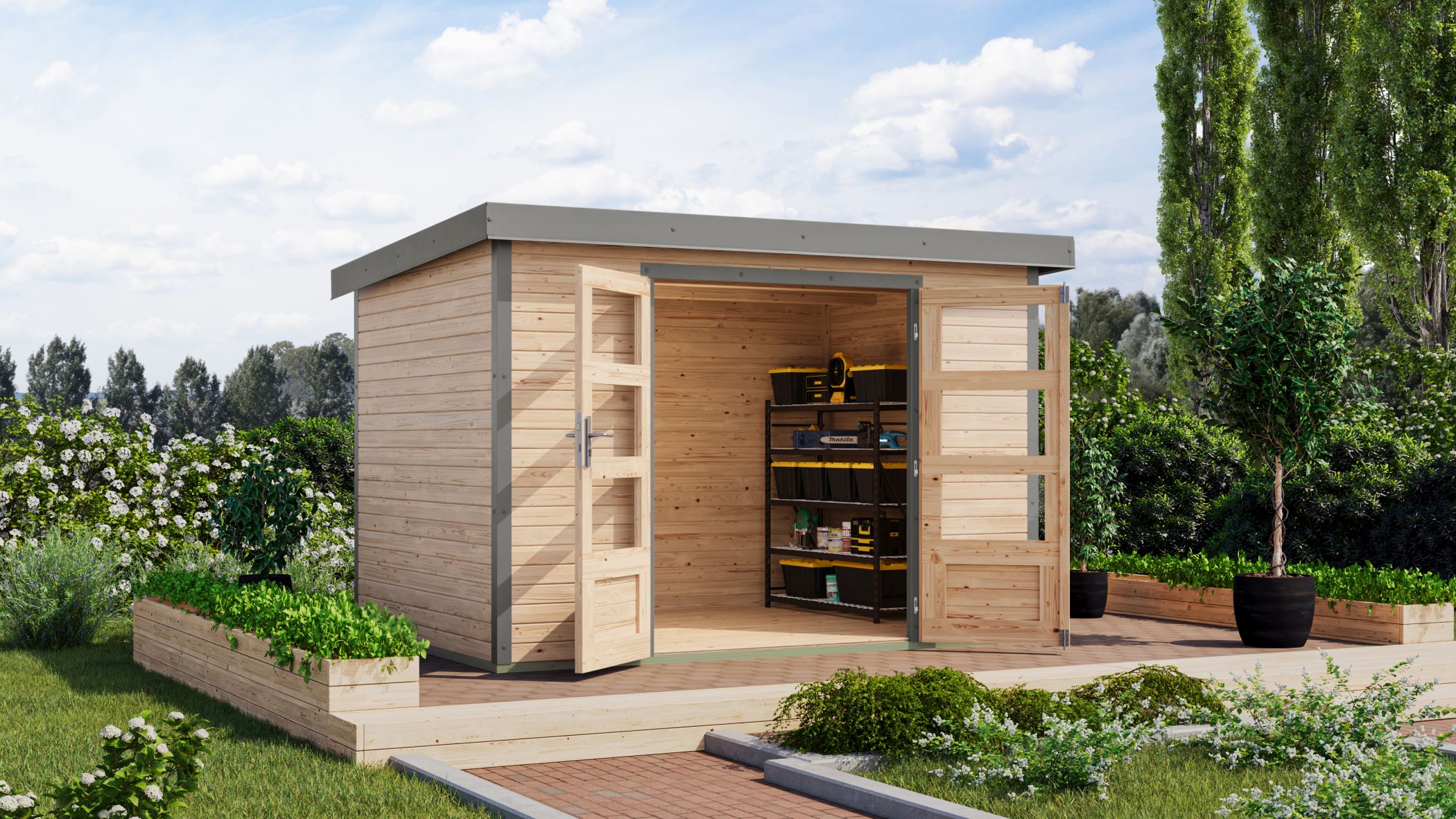 Karibu Gartenhaus Holz & Metall Jupiter 4 in Naturbelassen mit Metall in Graualuminium im Garten