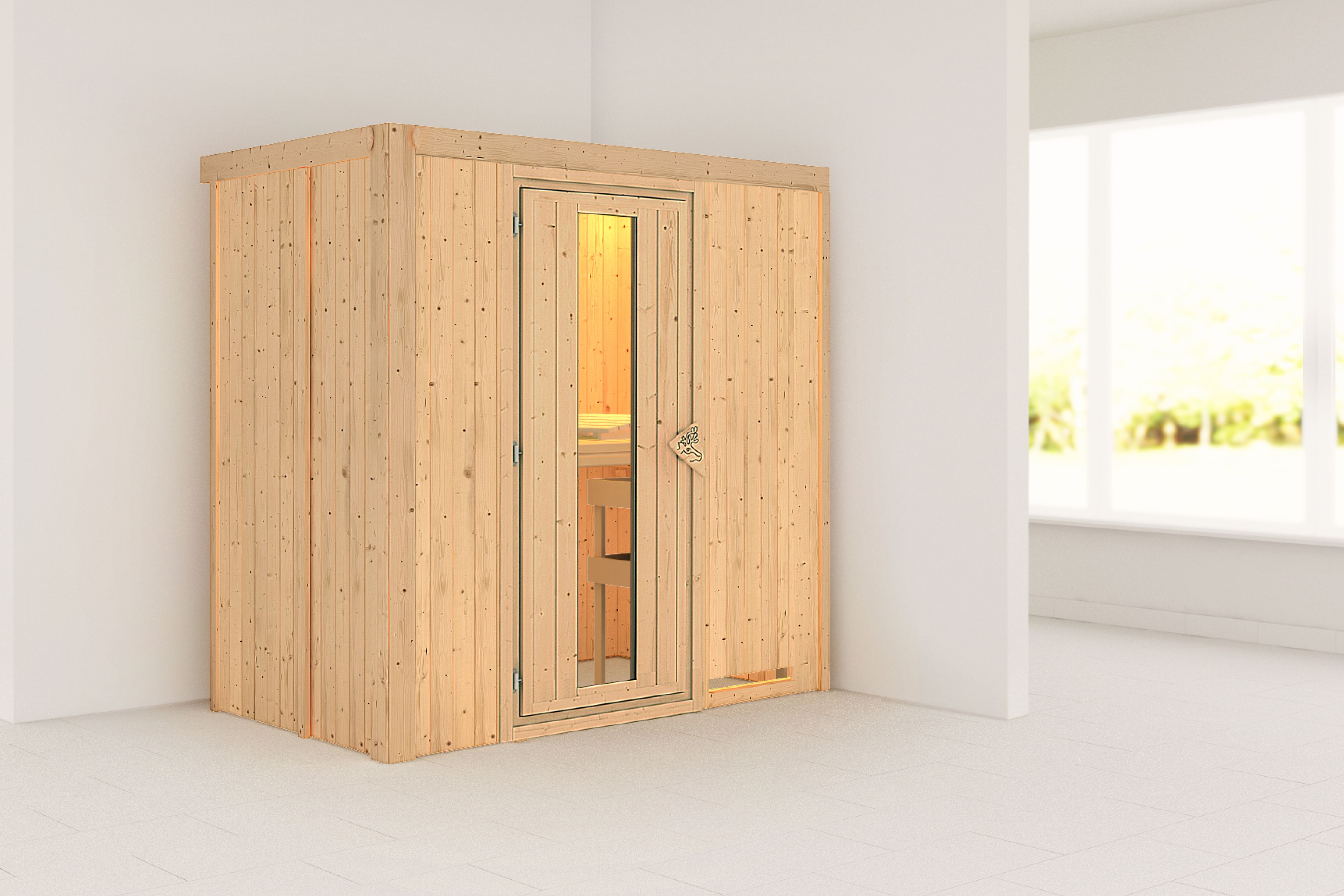 Außenansicht der Karibu Sauna Variado aus nordischer Fichte mit isolierter Holztür und Fronteinstieg