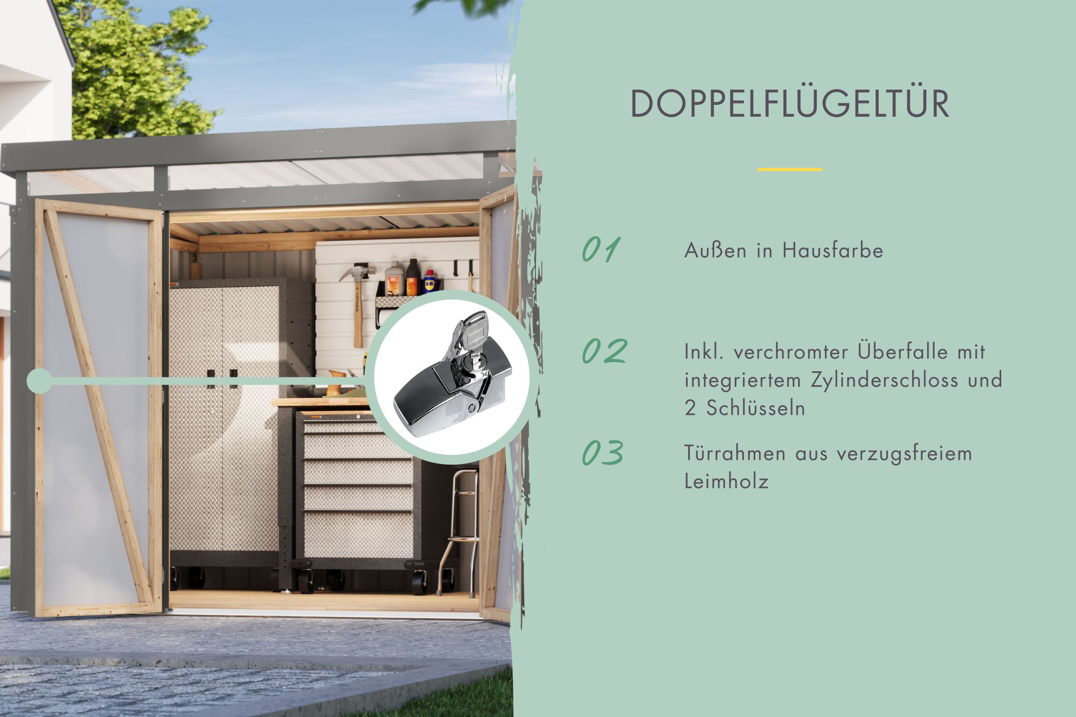 Doppelflügeltür des Karibu Gerätehaus aus Metall Iridium 2 mit Zylinderschloss und Kunstglas