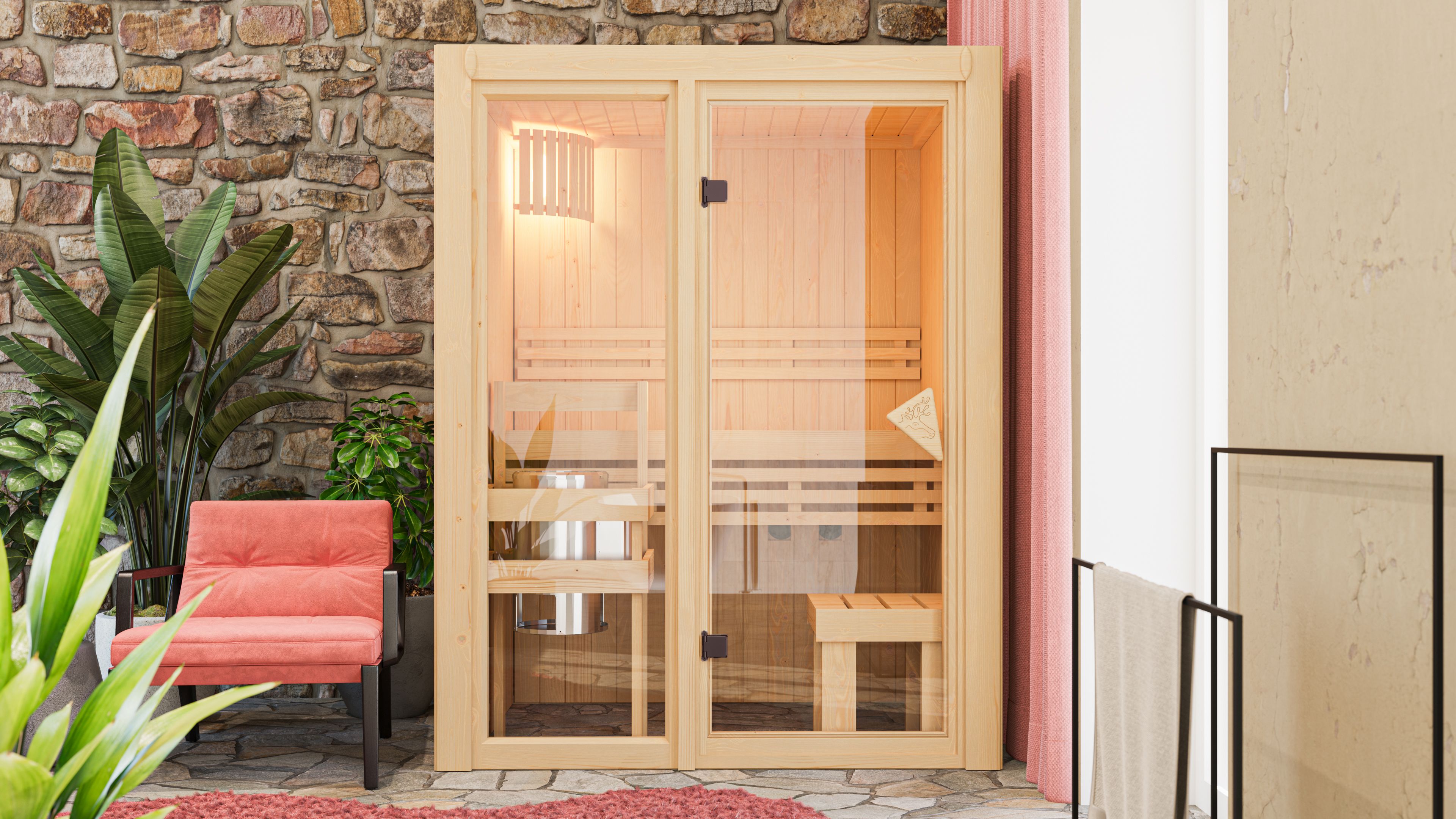 Karibu Sauna Avari 1 als hochwertige Sauna aus nordischer Fichte im Wohnraum-Ambiente