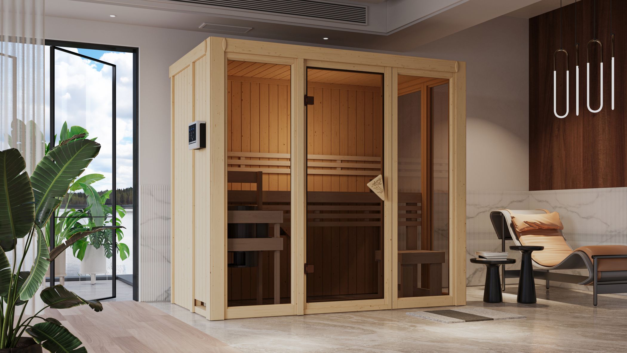 Detailansicht einer Karibu Sauna aus nordischer Fichte