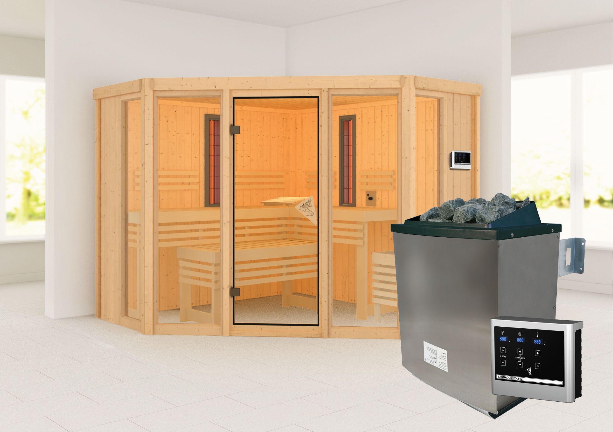 Außenansicht der Karibu Sauna Asta aus nordischer Fichte mit Ganzglastür und Fronteinstieg