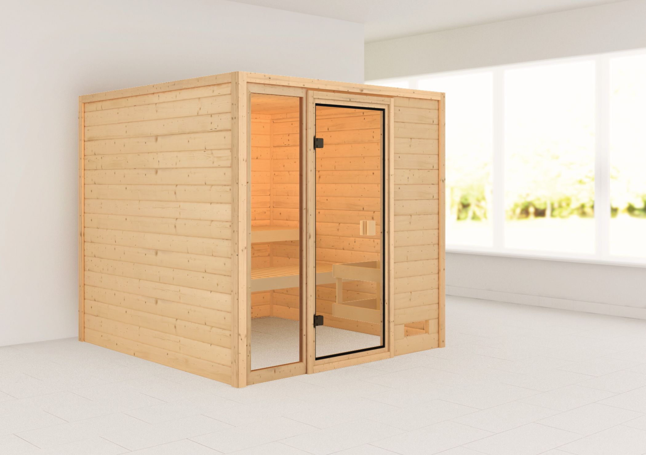 Außenansicht der Karibu Sauna Jutta aus nordischer Fichte mit Ganzglastür und Fronteinstieg