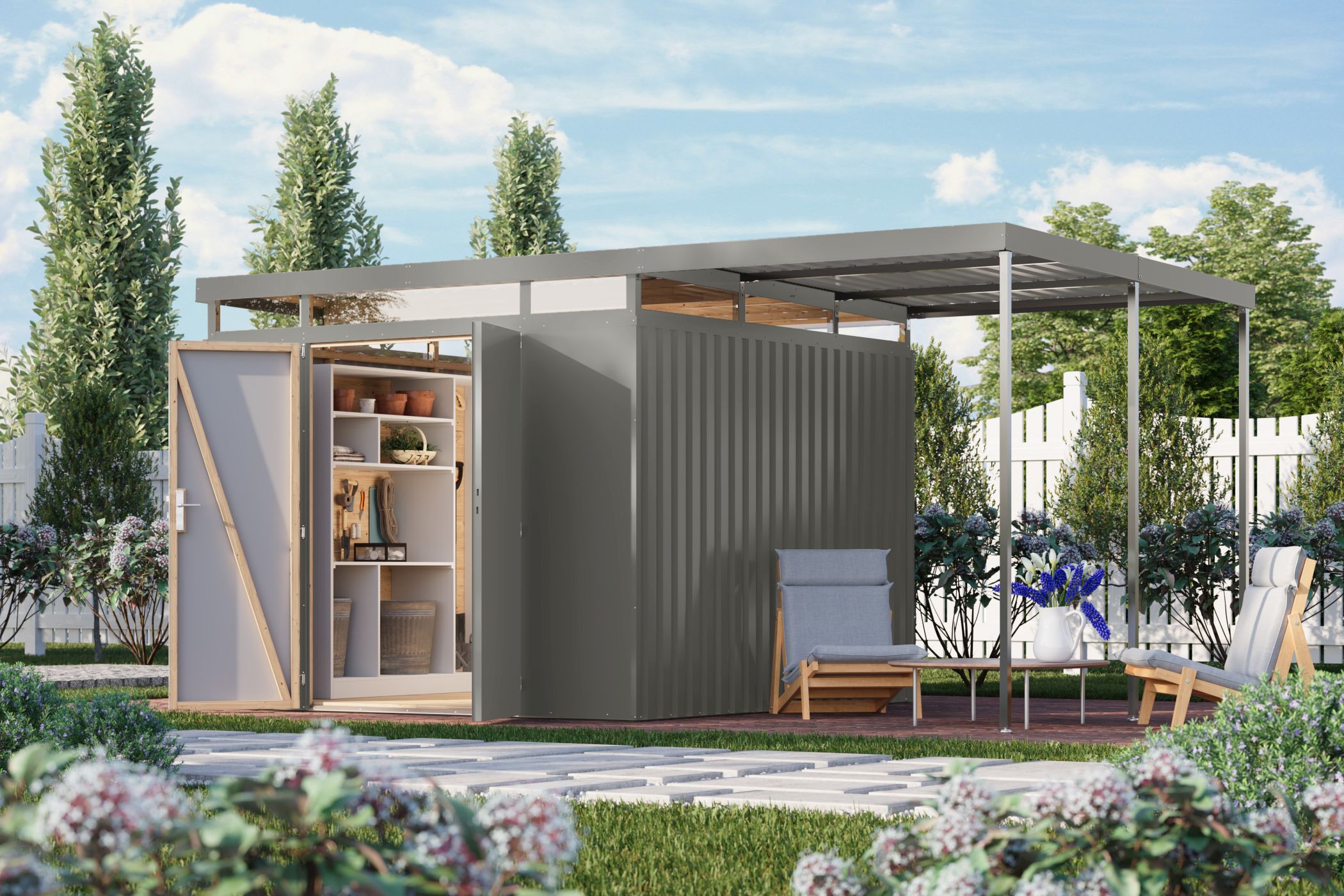 Karibu großes Gerätehaus aus Metall Aurum 3,5 in Graualuminium im Garten