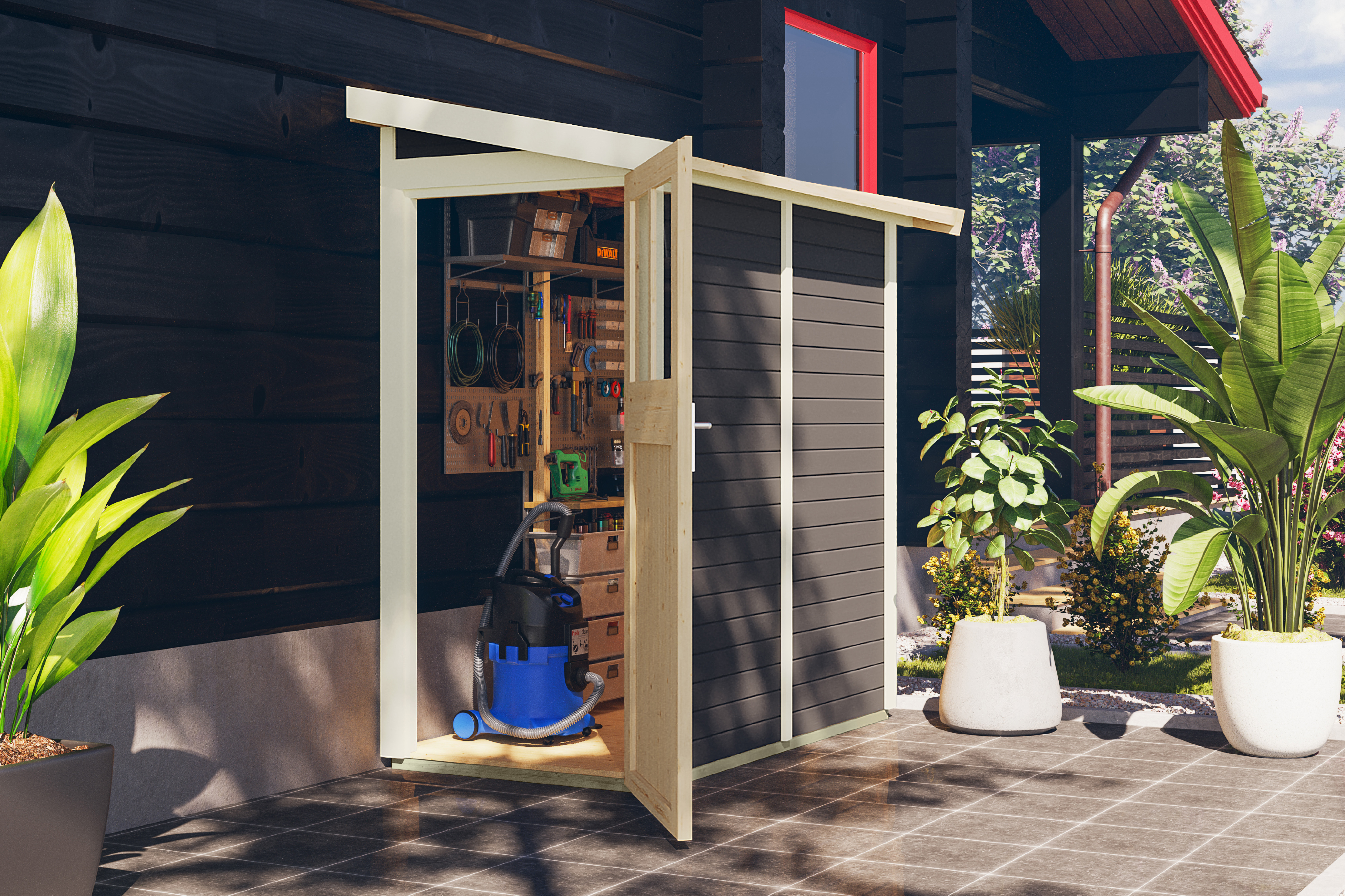 Karibu Gerätehaus Görlitz in Terragrau im Garten