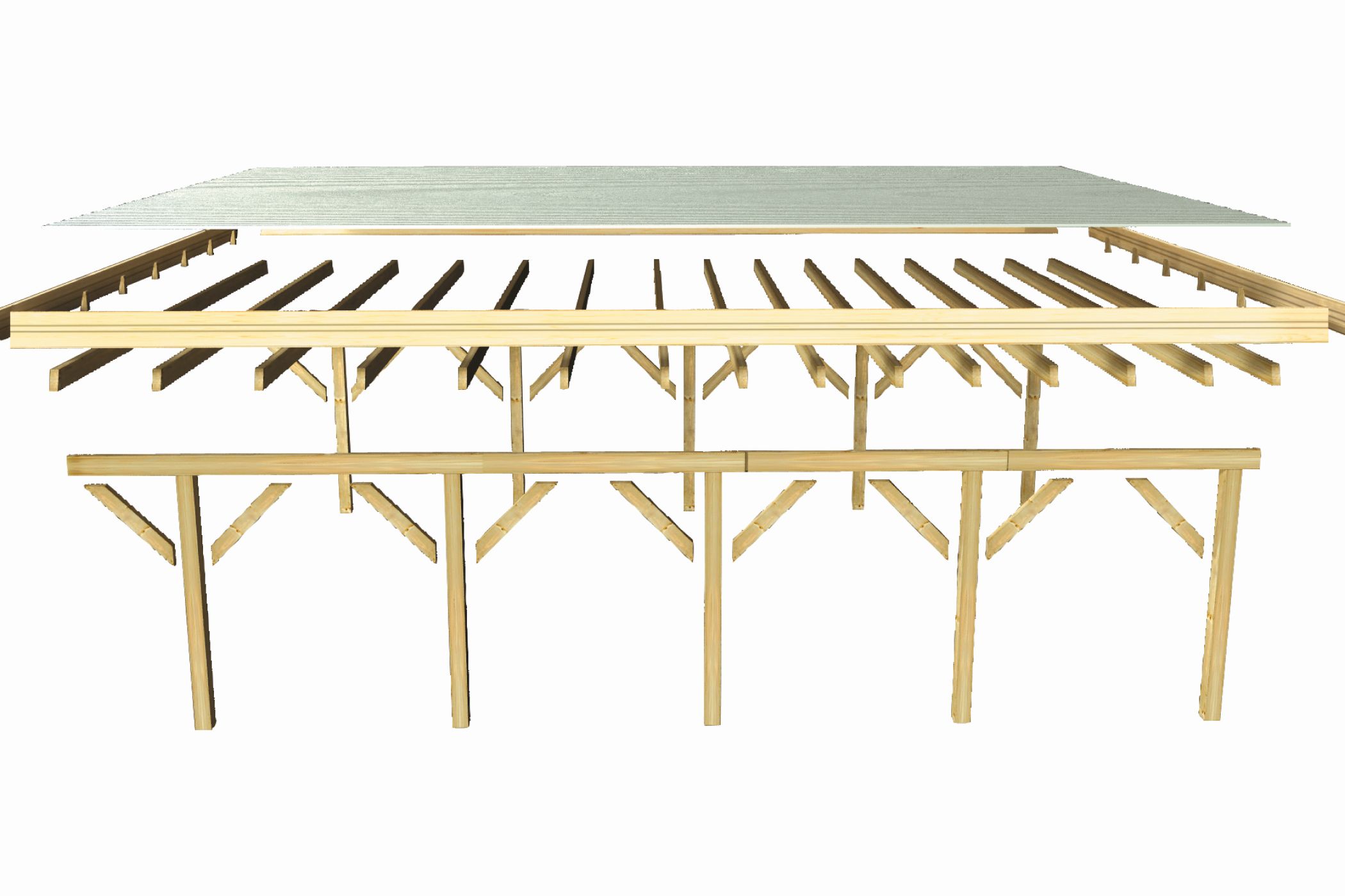 Aufbaudarstellung des Karibu Einzelcarport Classic 1 mit Pfosten, Trägerbalken und Dacheindeckung im Überblick