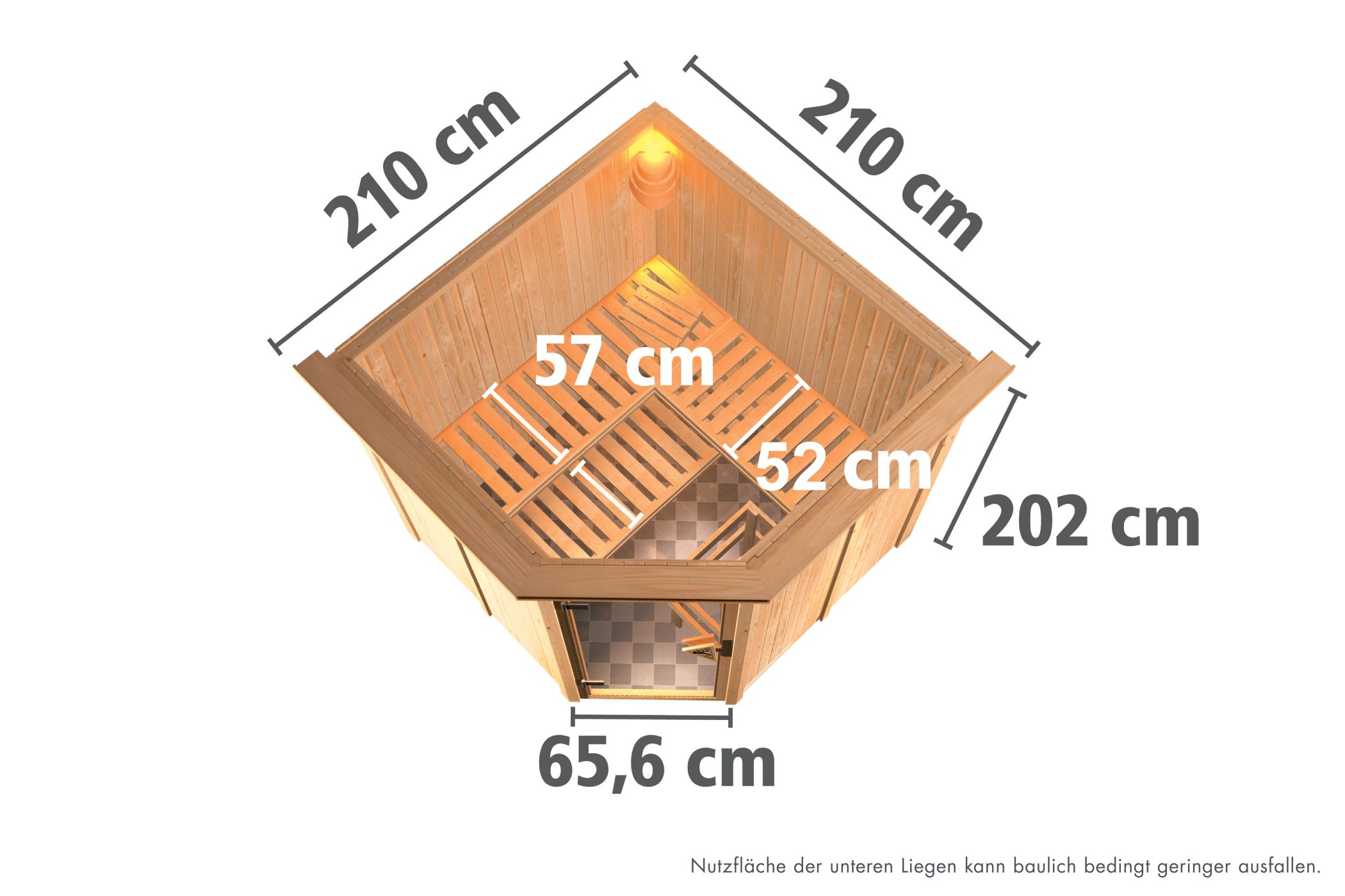 Maßzeichnung der Karibu Sauna Jarin Dachkranzmodell mit Außenmaß 210 × 210 cm und Höhe 202 cm