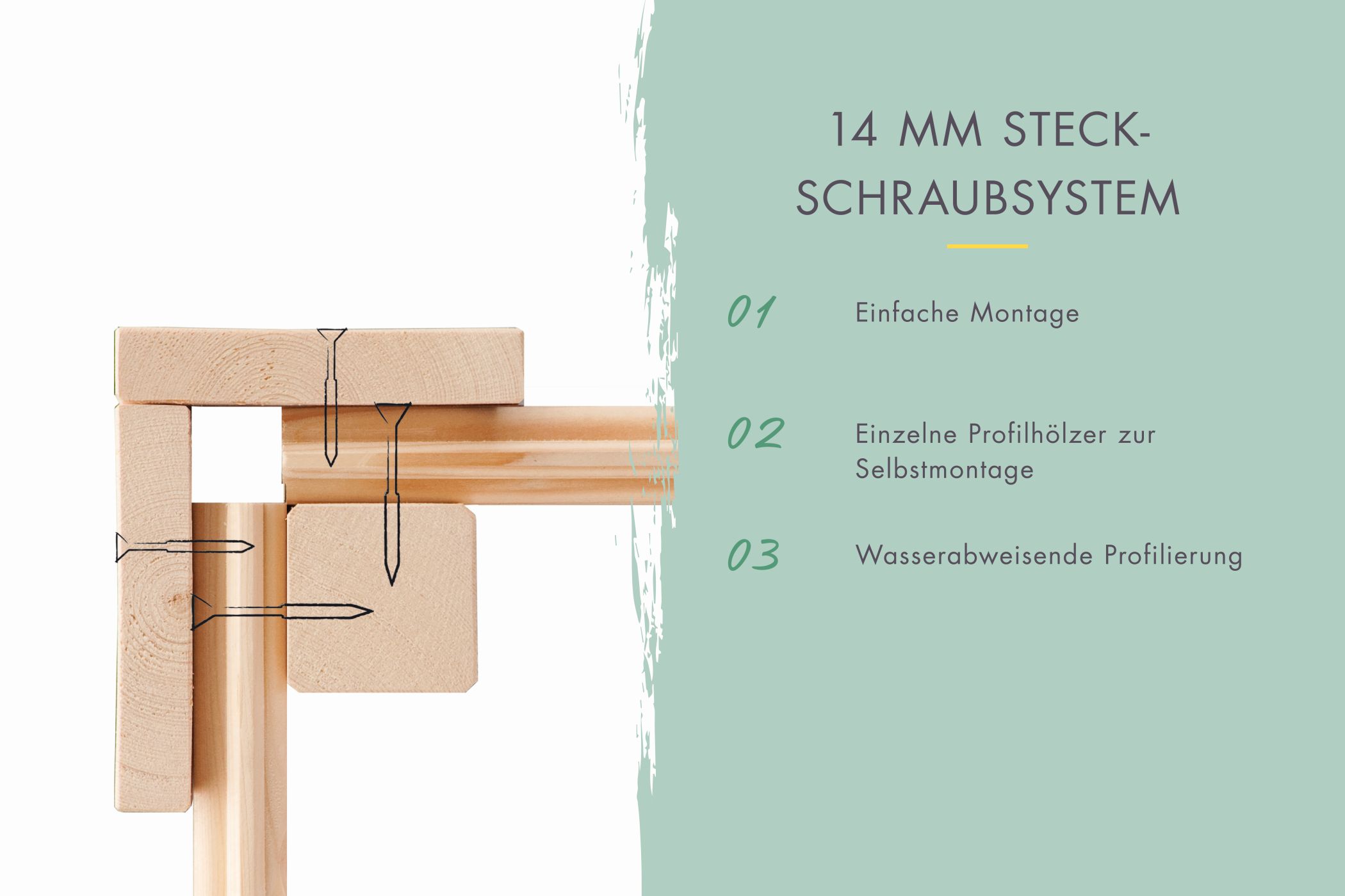 14-mm-Blockbohlenbauweise des Karibu Gerätehaus Merseburg 5 mit Nut-und-Feder-Verbindung