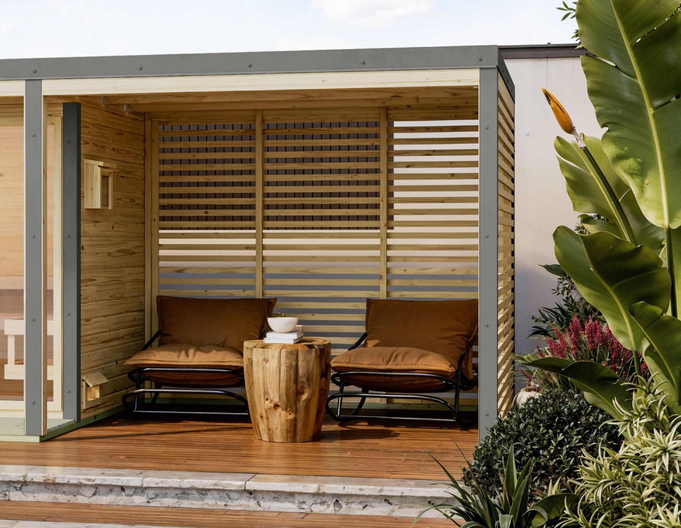 Karibu Saunahaus Ares 3 mit 2,70 m Anbaudach als Gartensauna aus Massivholz im Garten mit Glasfront