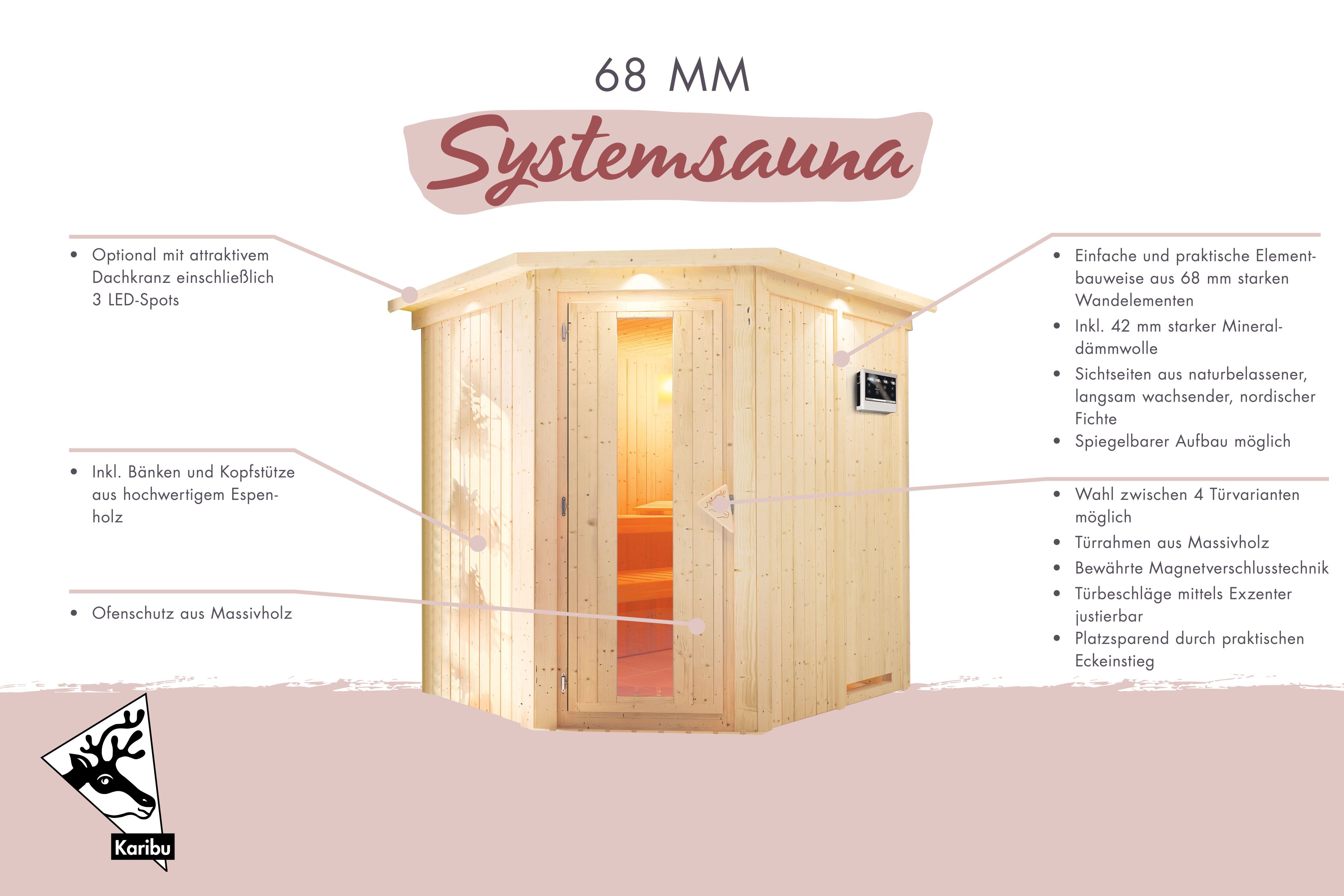 Außenansicht der Karibu Sauna Siirin aus nordischer Fichte mit isolierter Holztür und Fronteinstieg