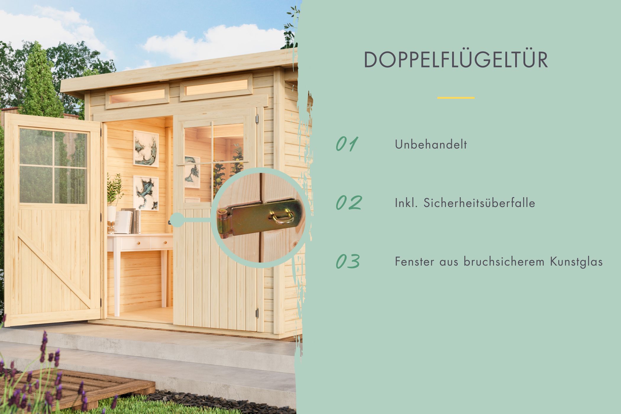 Doppelflügeltür des Karibu Gerätehaus Glücksburg 4 mit Zylinderschloss und Kunstglas