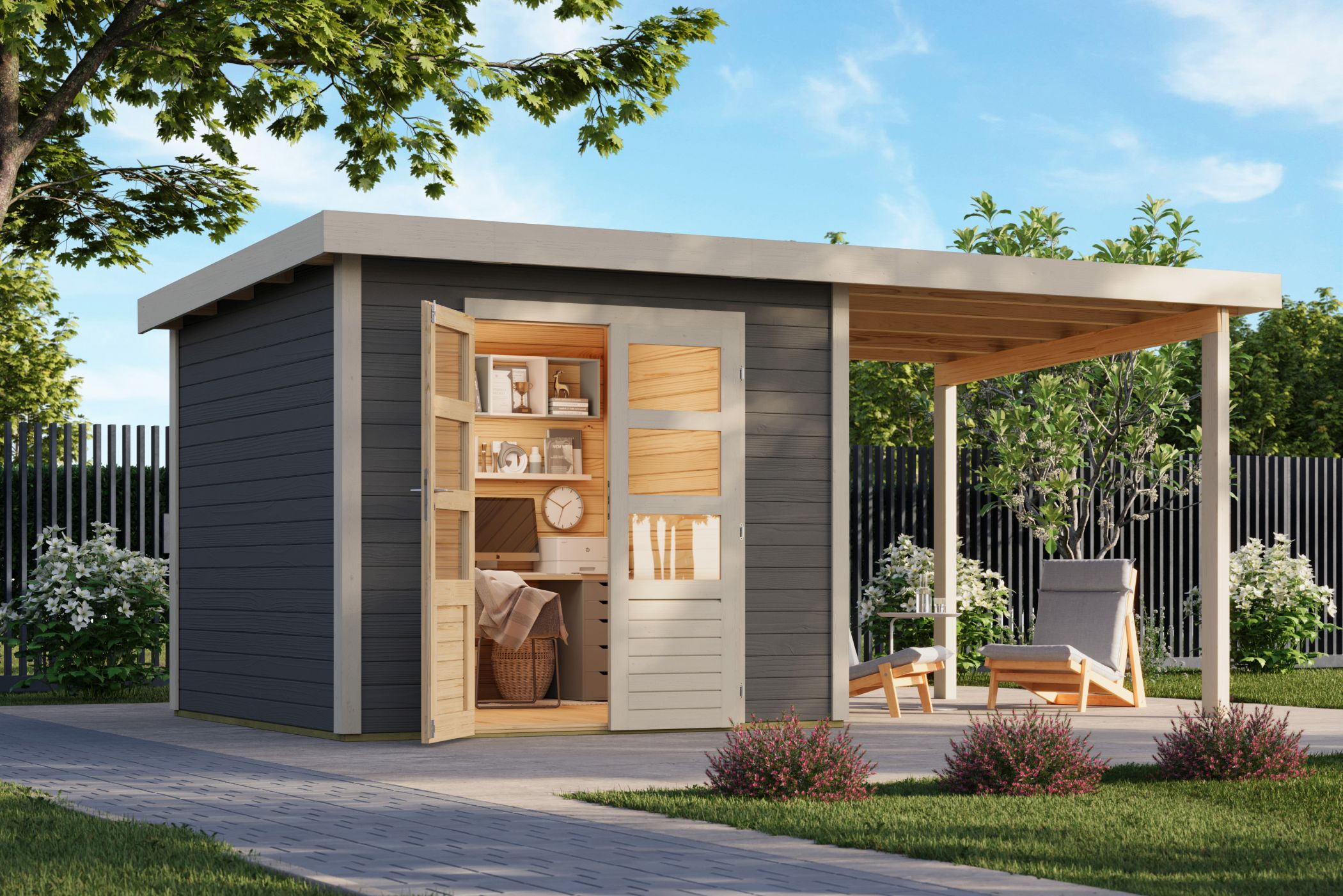 Karibu Gartenhaus Kolbin 6 XXL in Terragrau im Garten