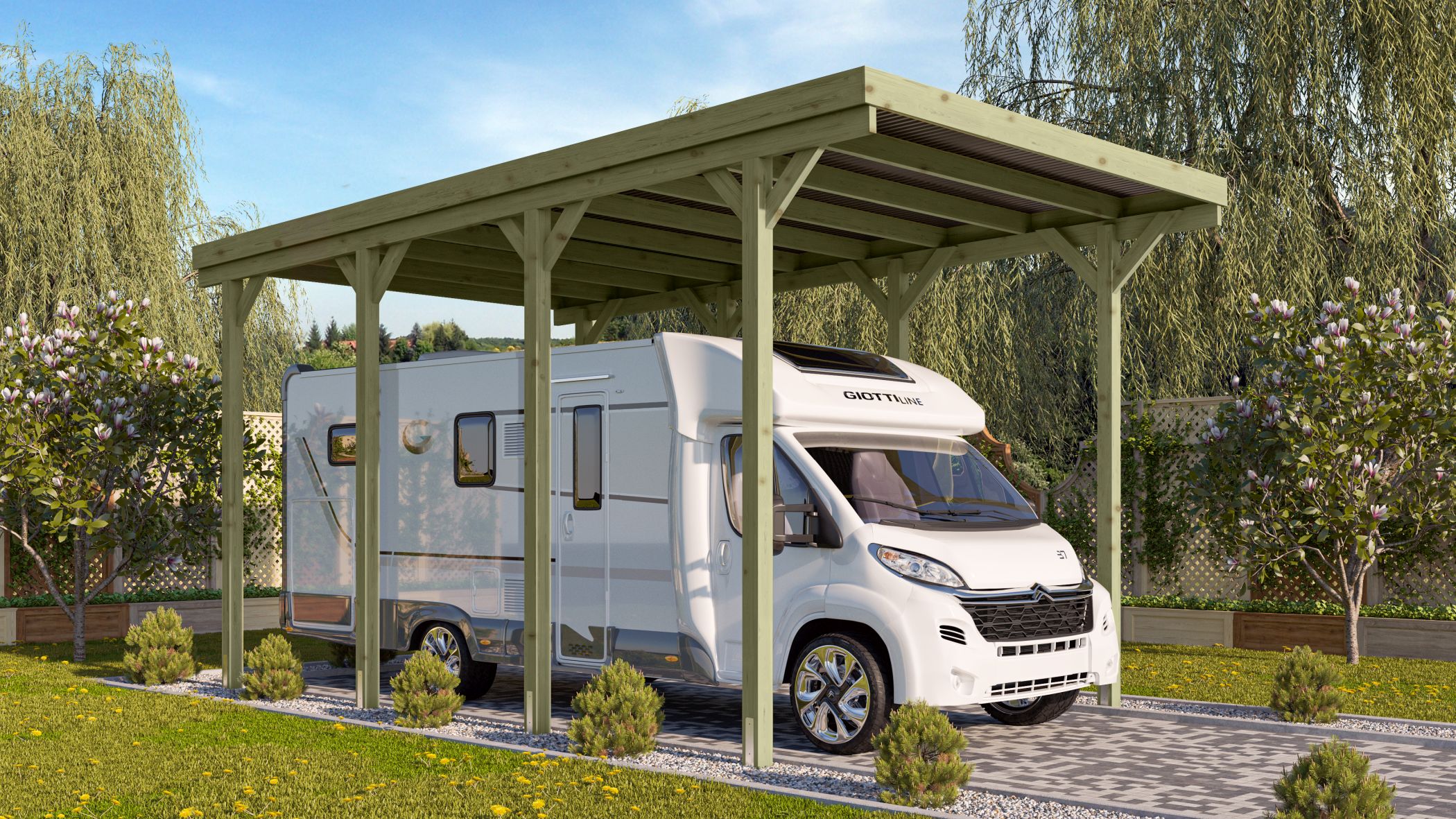 Karibu Caravan Carport aus KDI-Massivholz mit Flachdach im Garten aufgebaut