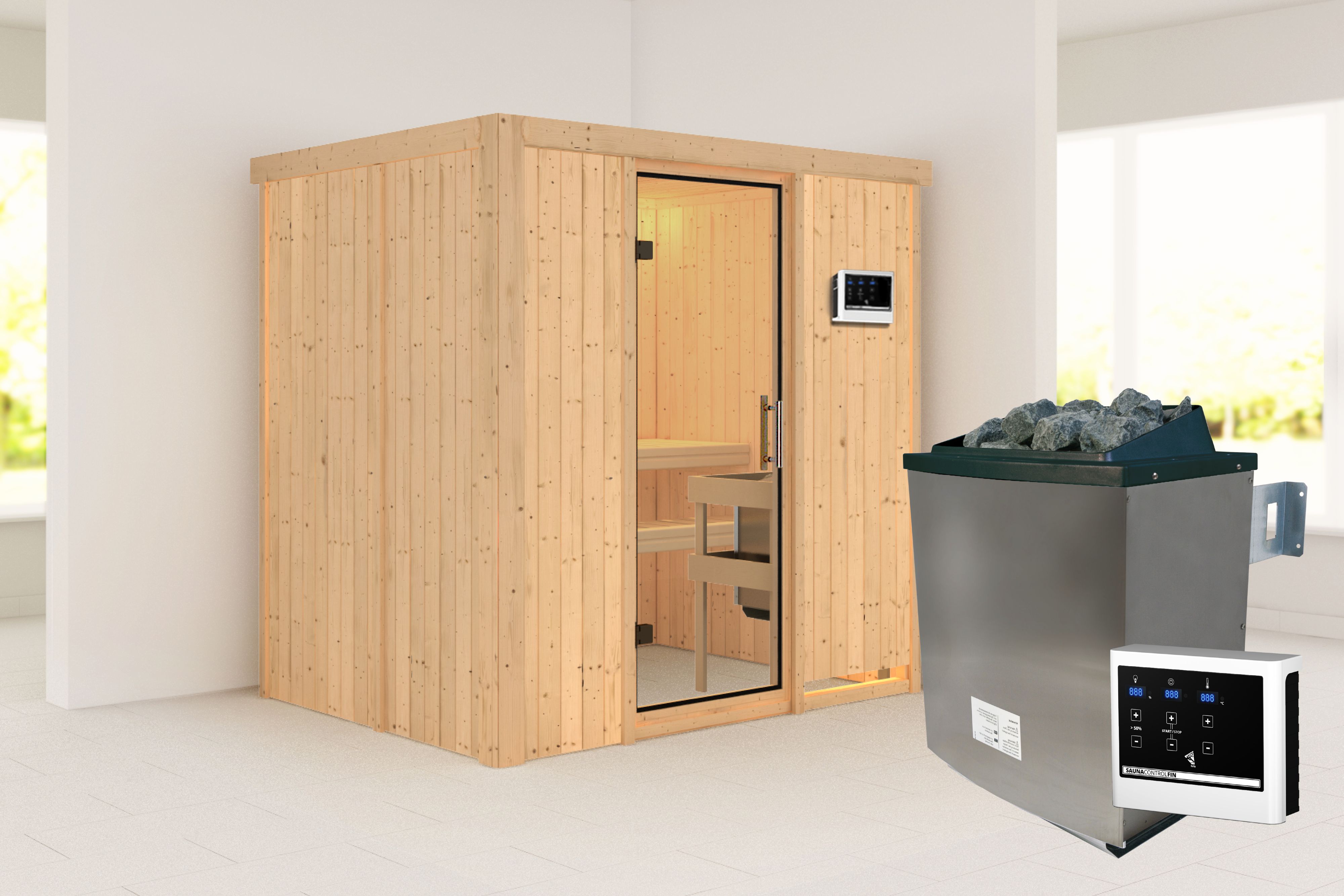 Außenansicht der Karibu Sauna Bodin aus nordischer Fichte mit Klarglas-Ganzglastür und Fronteinstieg