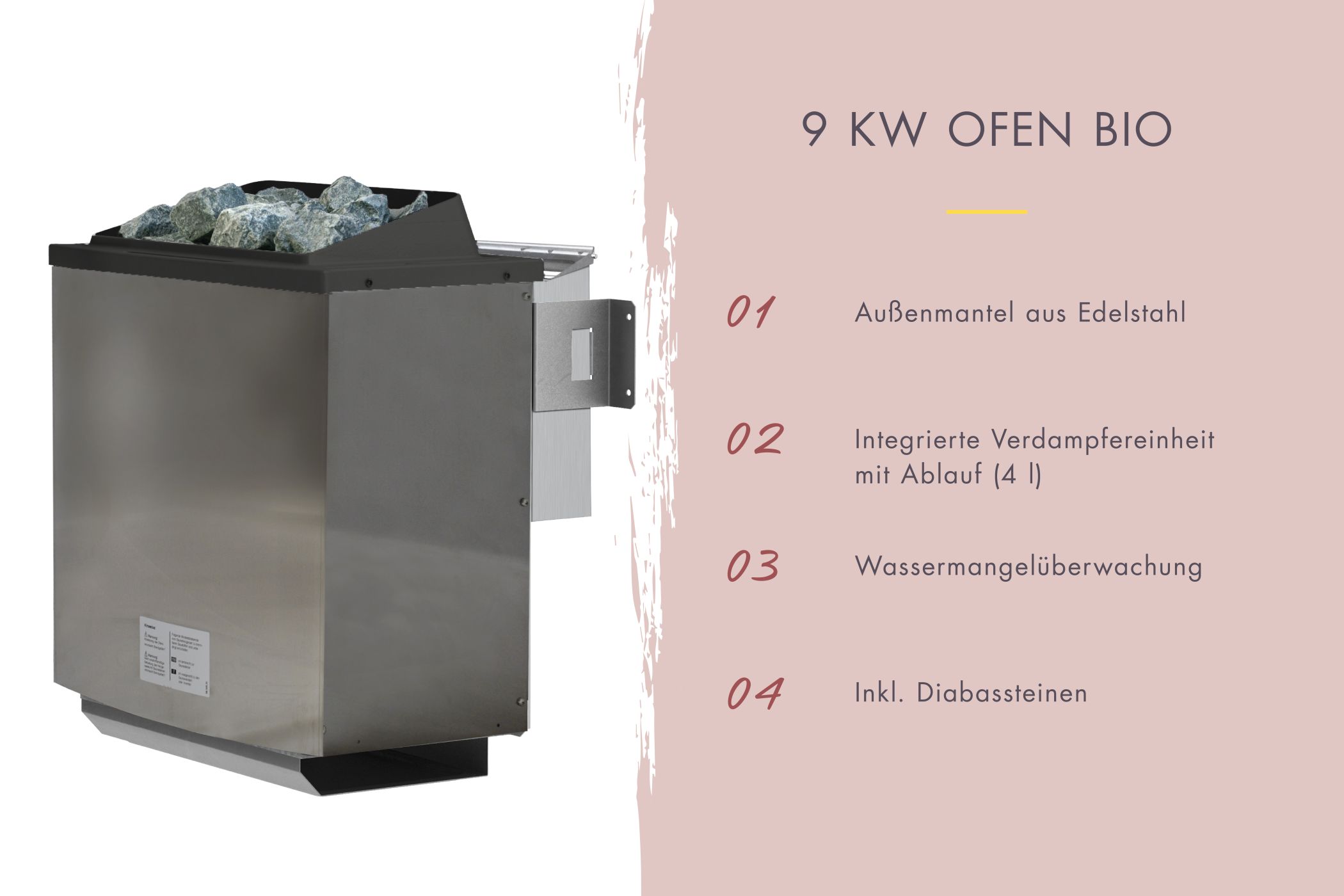 Bio-Kombiofen mit 9 kW aus Edelstahl mit Verdampfer für finnische Sauna und Dampfbad