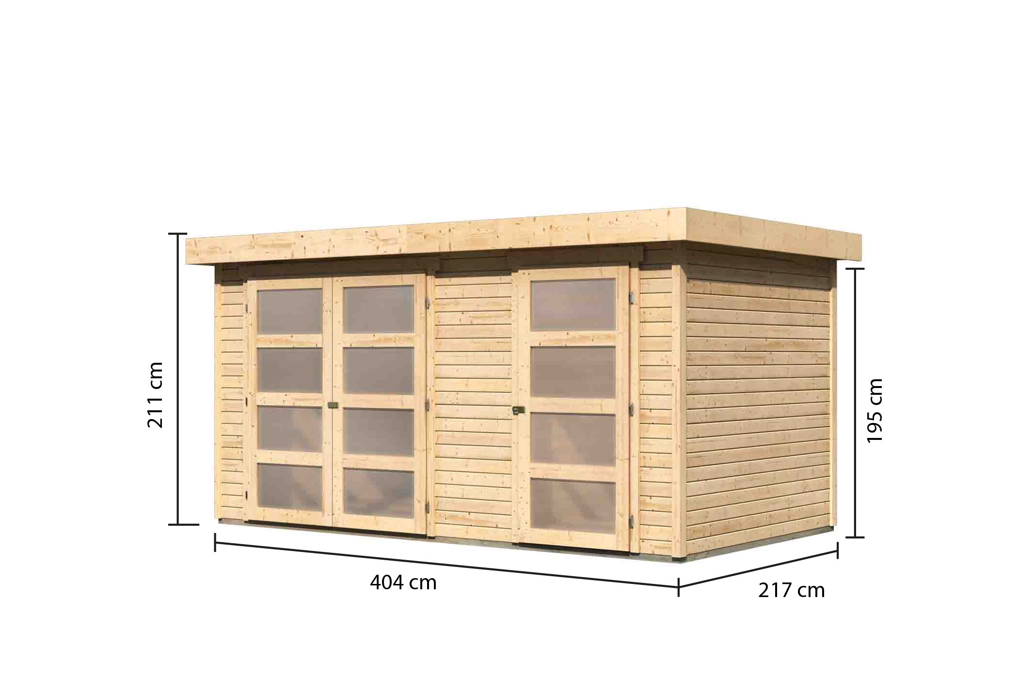 Bemaßte Maßzeichnung des Karibu großes Gerätehaus Mühlentrup 1, 404 × 217 cm