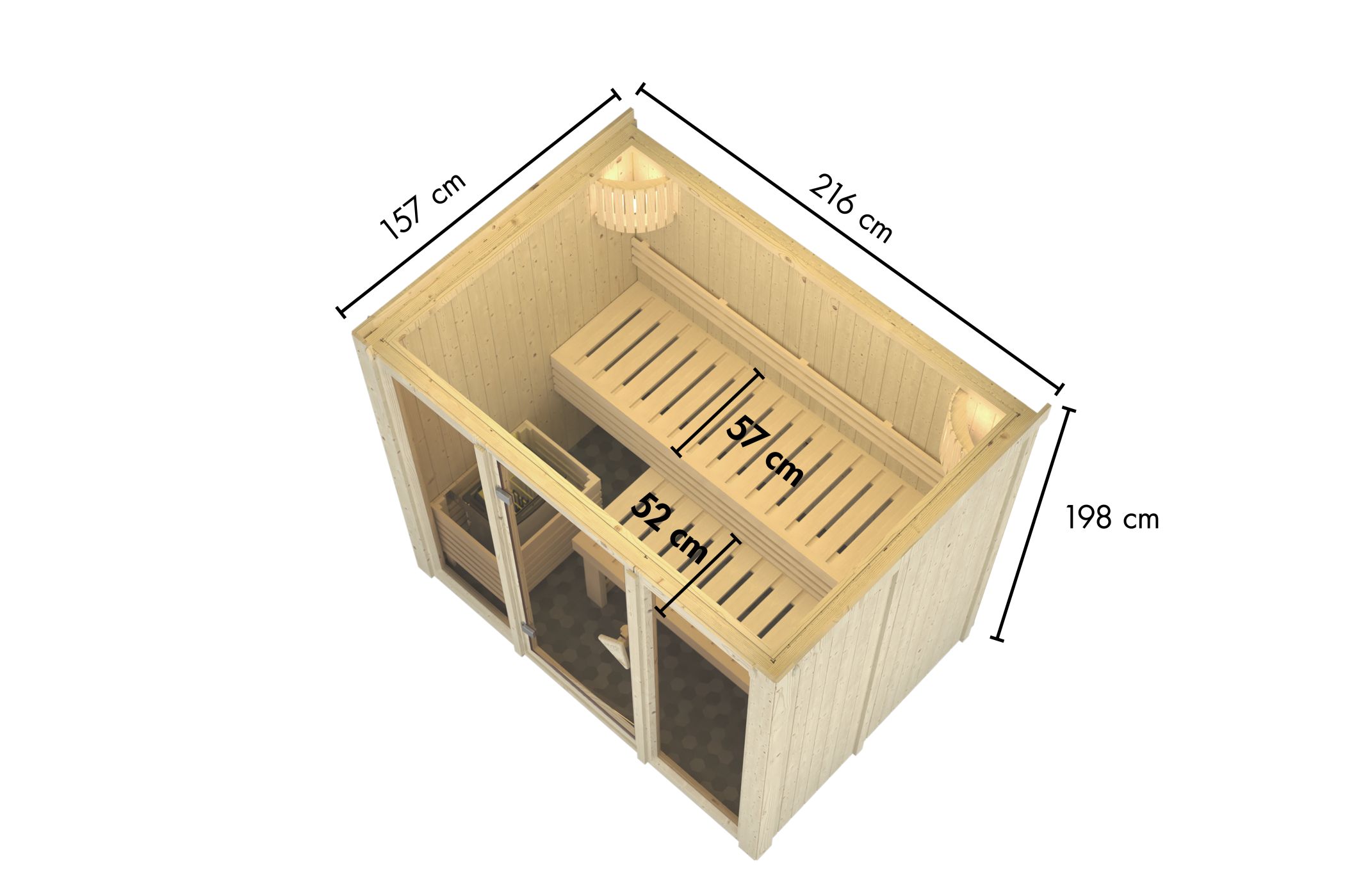 Maßzeichnung der Karibu Sauna Avari 3 mit Außenmaß 216 × 157 cm und Höhe 198 cm