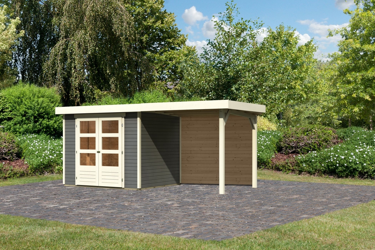 Karibu Gerätehaus Askola 3 in Terragrau und Anbaudach, Außenansicht