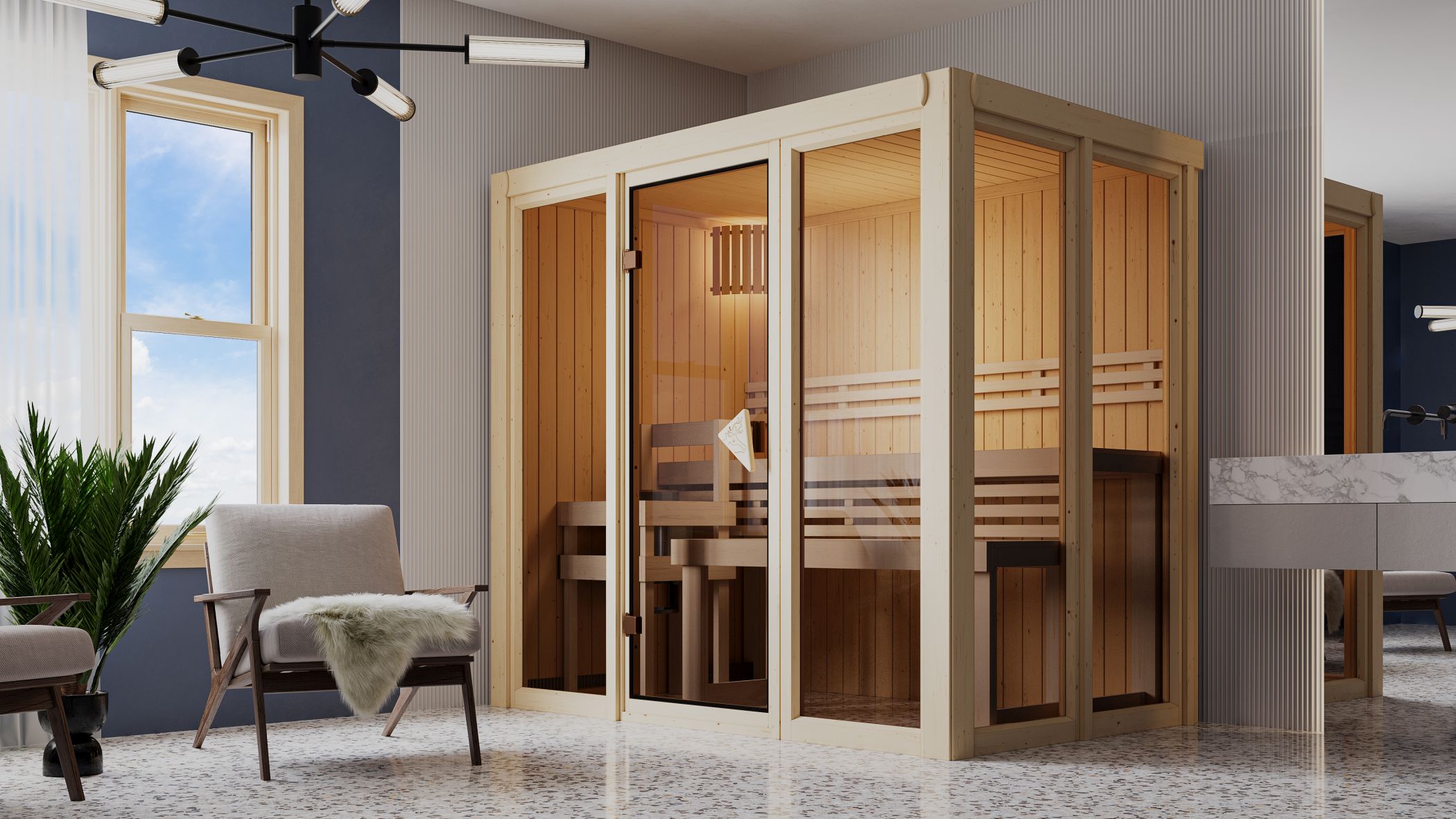 Karibu Sauna Irava 3 als hochwertige Sauna aus nordischer Fichte im Wohnraum-Ambiente