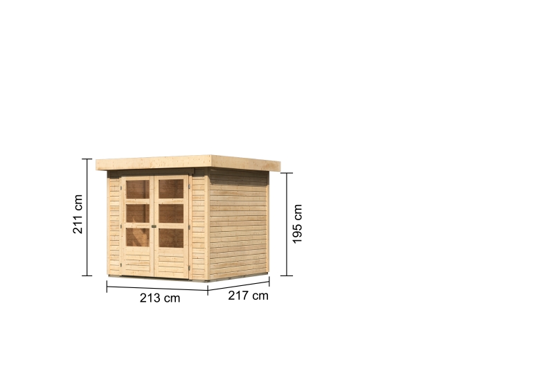 Bemaßte Maßzeichnung des Karibu Gerätehaus Askola 2, 213 × 217 cm