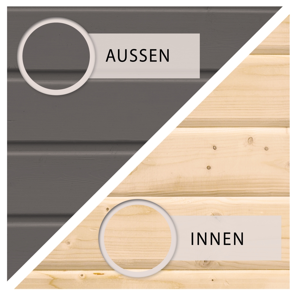 Wandholz eines Karibu Gartenhauses, außen Terragrau, innen naturbelassen