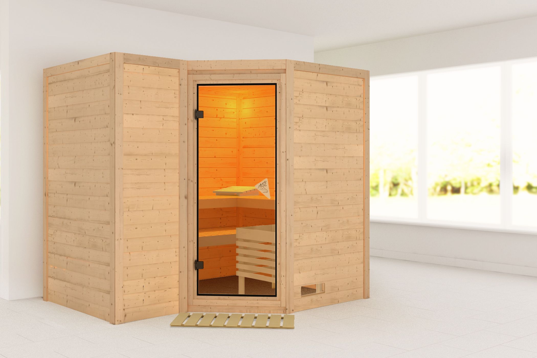 Außenansicht der Karibu Sauna Sahib 2 aus nordischer Fichte mit bronzierter Ganzglastür und Fronteinstieg