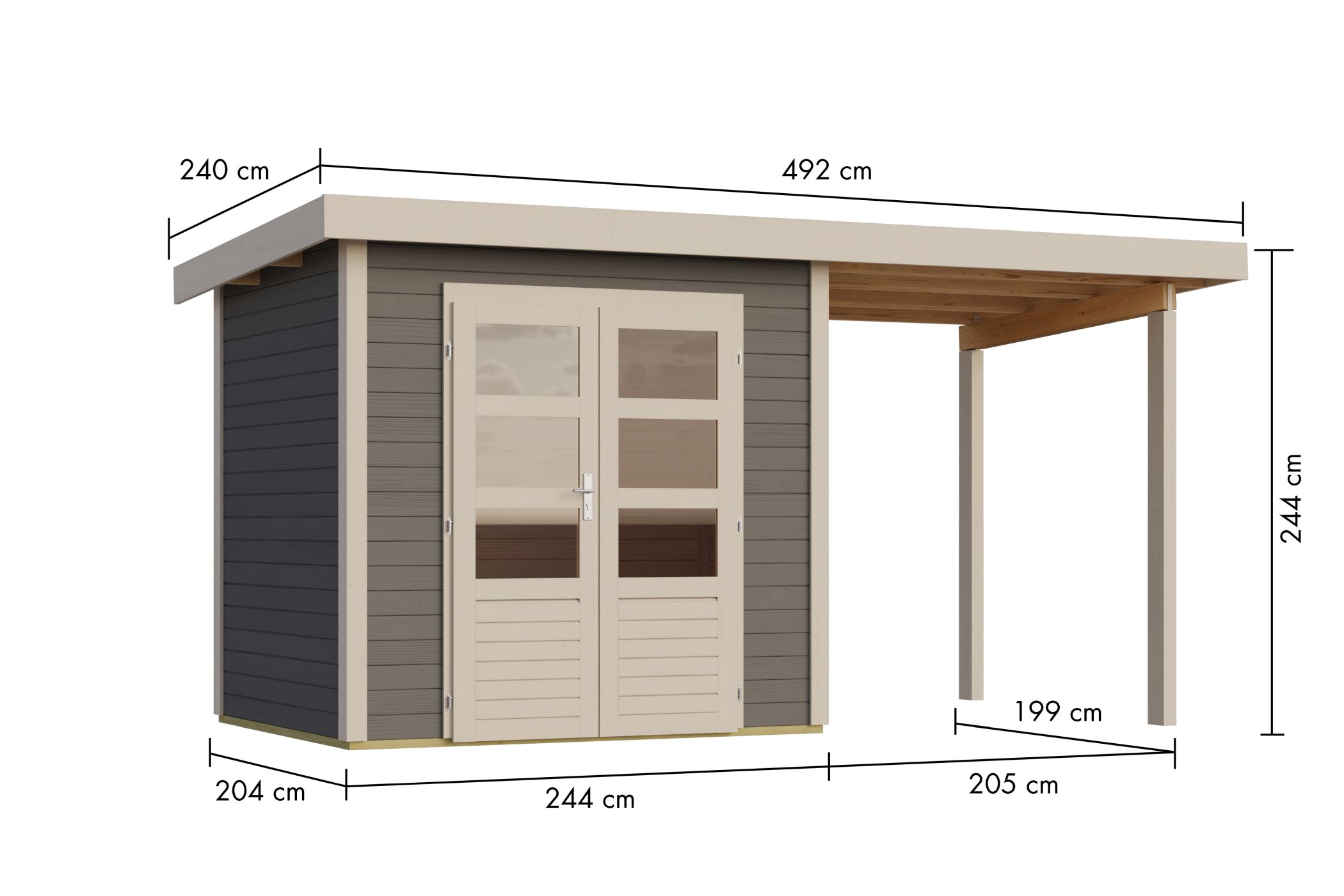 Bemaßte Maßzeichnung des Karibu Gartenhaus Kolbin 2 XXL, 492 × 240 cm