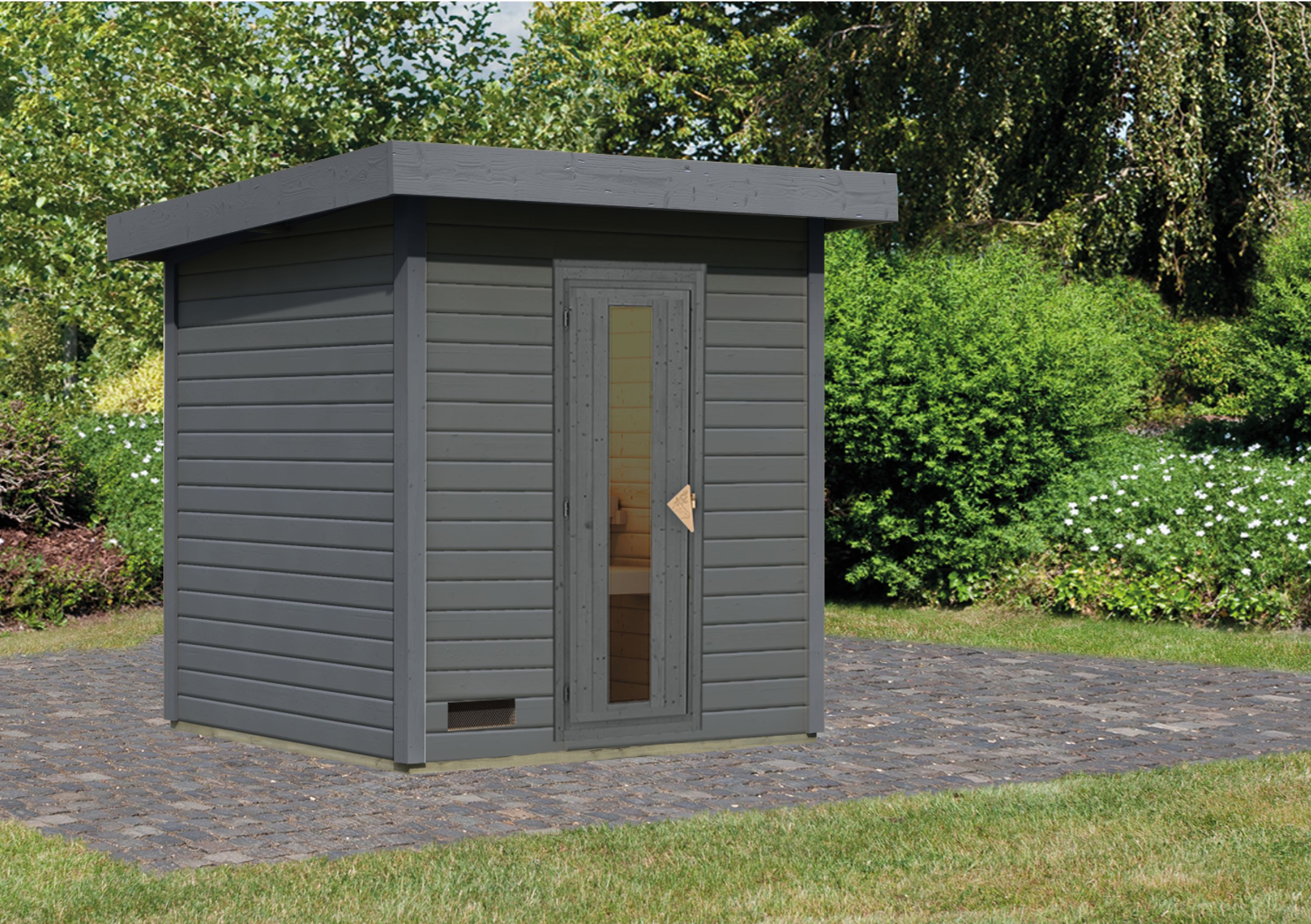 Karibu Saunahaus Hytti 2 als Gartensauna aus Massivholz im Garten mit Glasfront